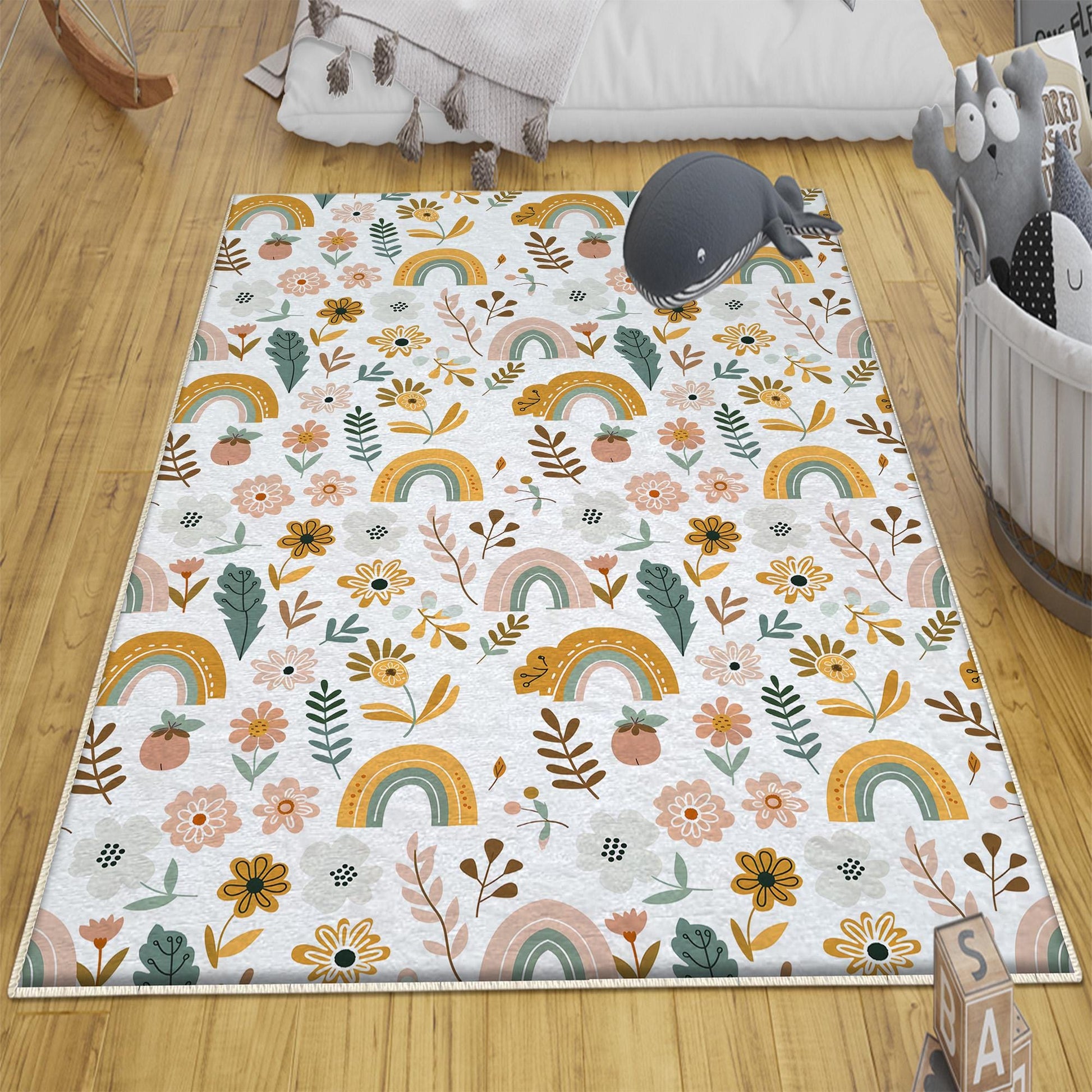 Round Colourful Floral Nursery Room Rug|Bestselling Kids Room Rugs|Handmade Kid's Carpets|Handmade Kids Room Rug|Cute Boho Baby Rugs