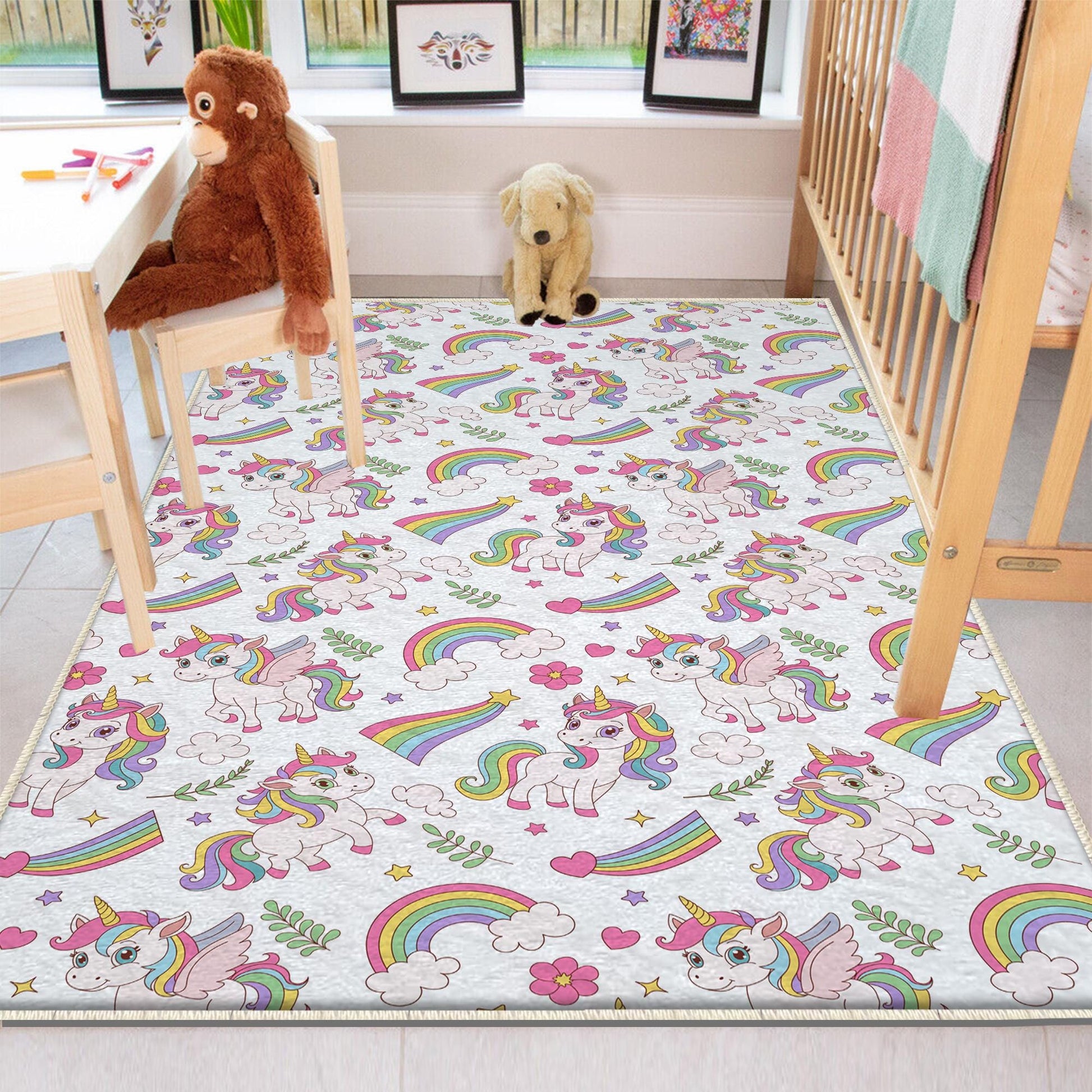 Round Unicorn Rainbow Nursery Girl Room Rug|Bestselling Kids Room Rugs|Handmade Kid's Carpets|Handmade Kids Room Rug|Cute Boho Baby Rugs