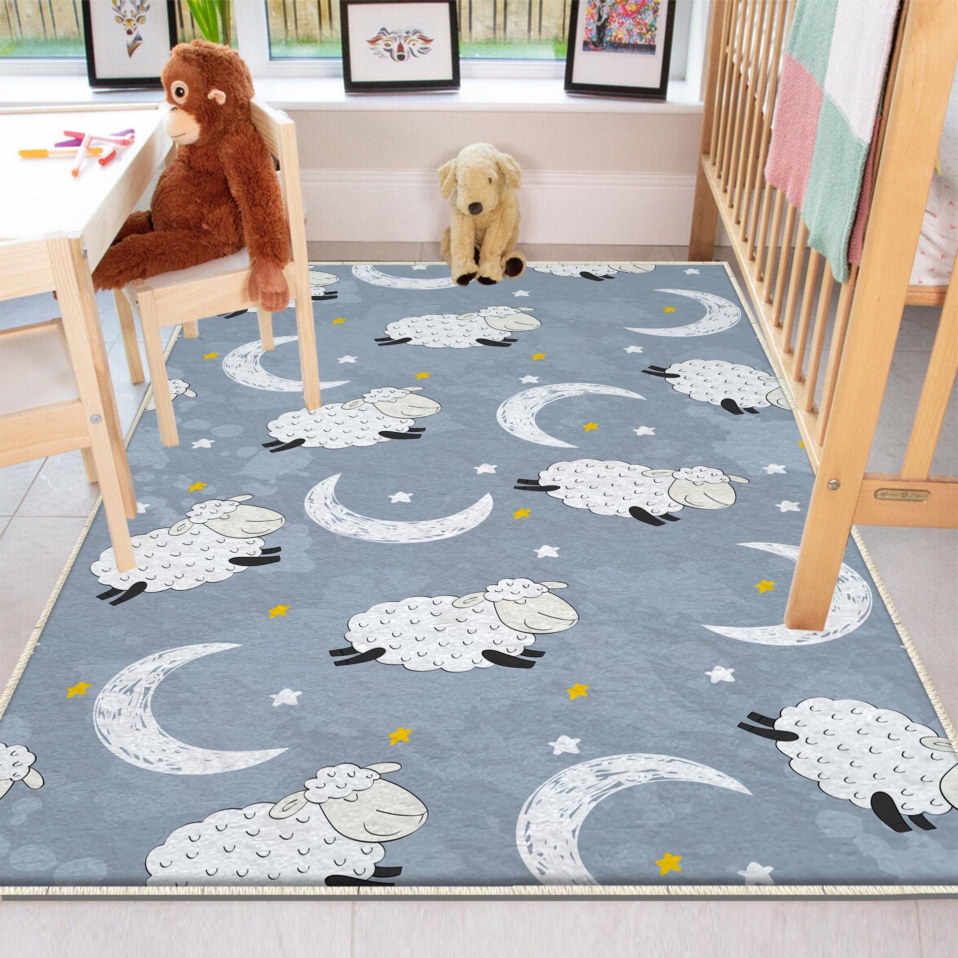 Round Blue White Lamb Moon Star Nursery Room Rug|Bestselling Kids Room Rugs|Handmade Kid's Carpets|Handmade Kids Room Rug|Cute Baby Rugs