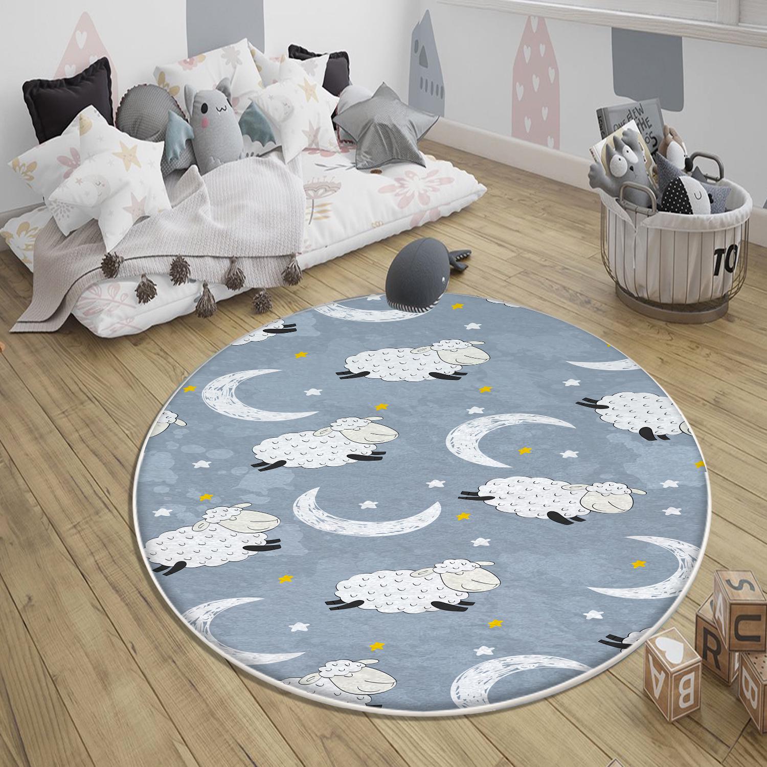 Round Blue White Lamb Moon Star Nursery Room Rug|Bestselling Kids Room Rugs|Handmade Kid's Carpets|Handmade Kids Room Rug|Cute Baby Rugs