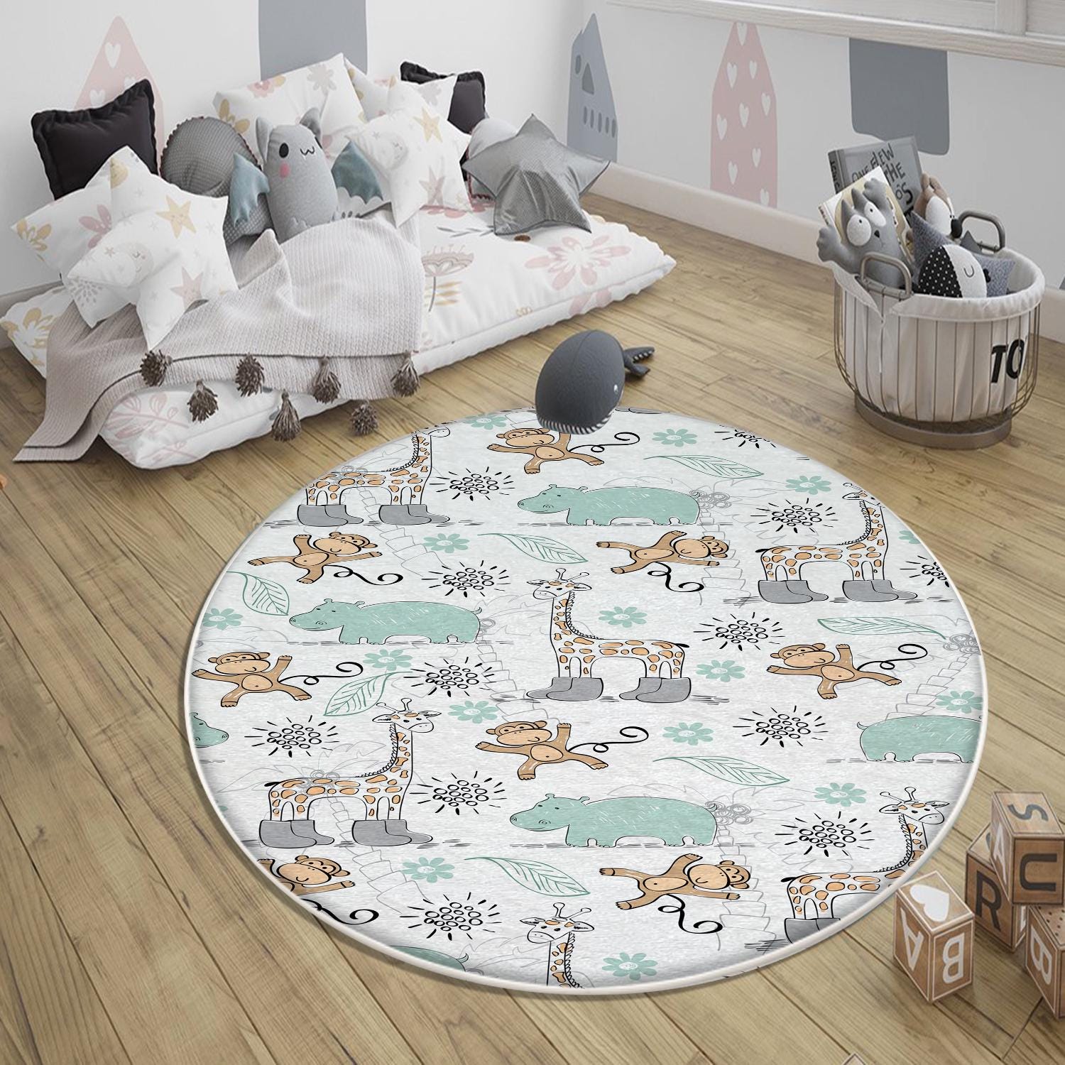 Round Giraffe Monkey Jungle Nursery Room Rug|Bestselling Kids Room Rugs|Handmade Kid's Carpets|Handmade Kids Room Rug|Cute Animals Baby Rugs