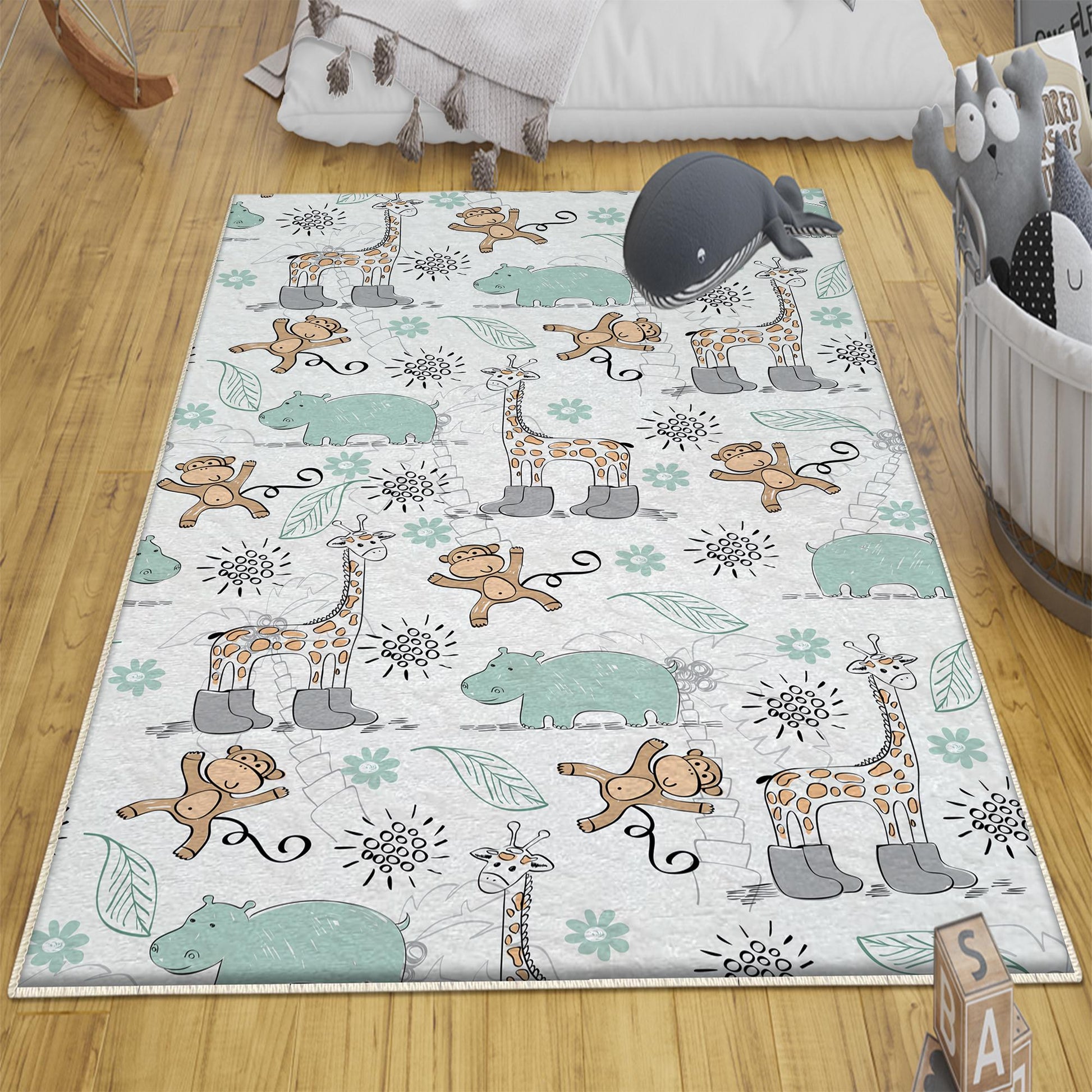 Round Giraffe Monkey Jungle Nursery Room Rug|Bestselling Kids Room Rugs|Handmade Kid's Carpets|Handmade Kids Room Rug|Cute Animals Baby Rugs