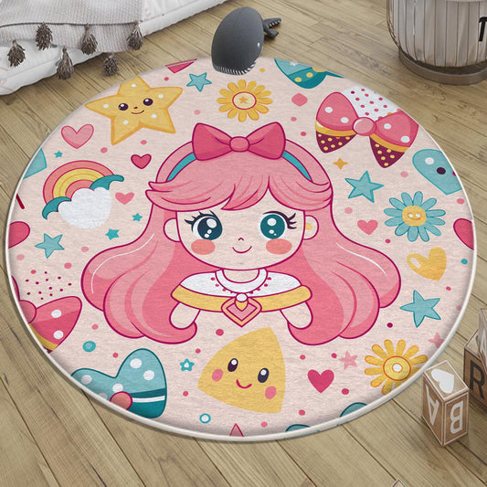 Round Colorful Cute Girl Nursery Room Rug, Cute Rainbow Rug For Kids Room, Playground Rug, Baby Rug, Nursery Decor with pillow case gift
