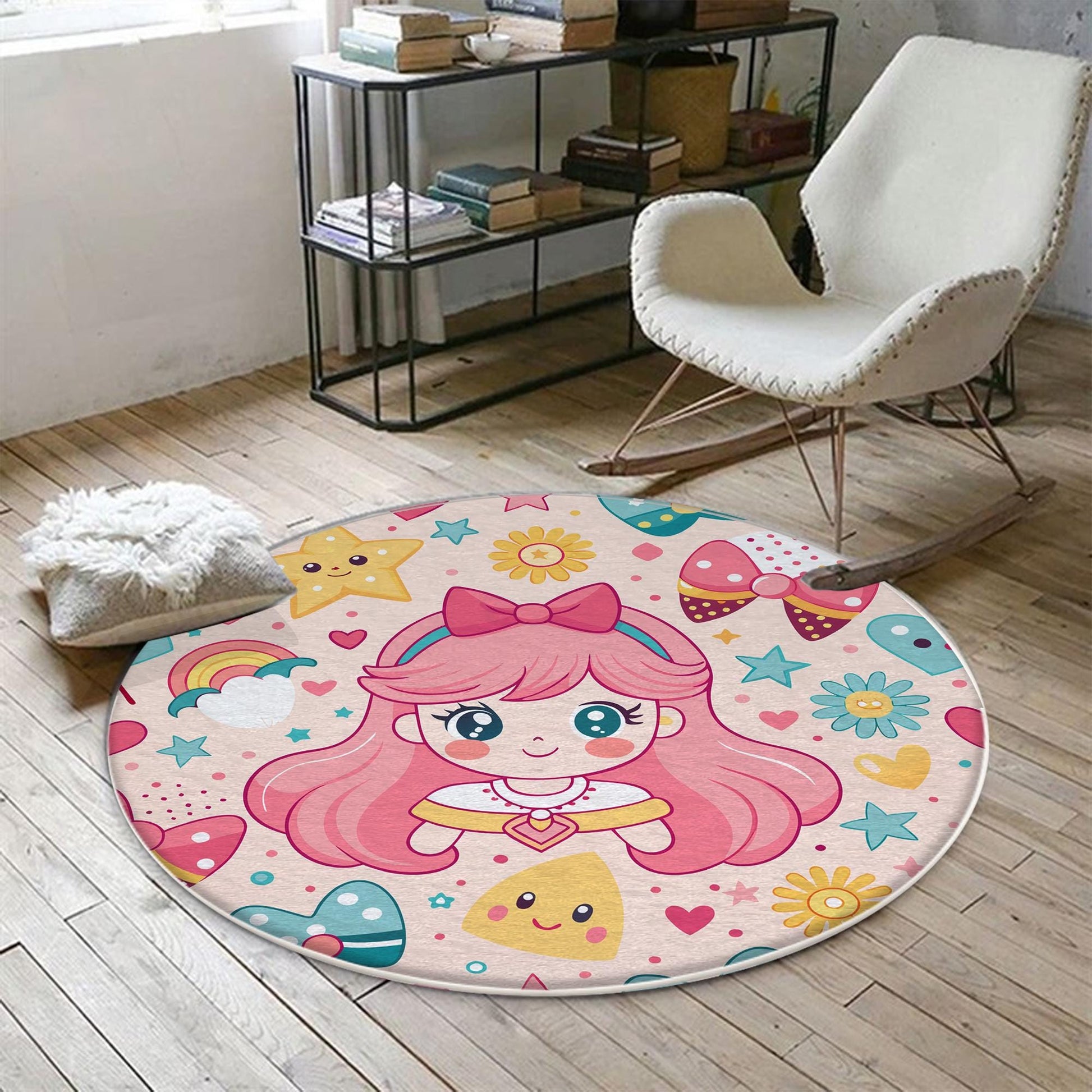 Round Colorful Cute Girl Nursery Room Rug, Cute Rainbow Rug For Kids Room, Playground Rug, Baby Rug, Nursery Decor with pillow case gift