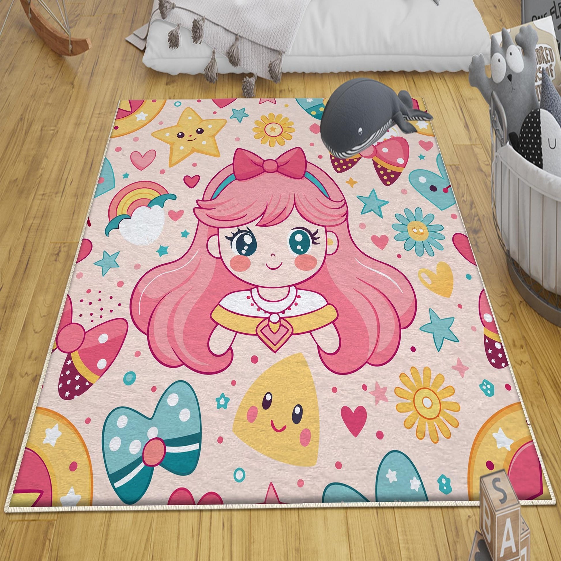 Round Colorful Cute Girl Nursery Room Rug, Cute Rainbow Rug For Kids Room, Playground Rug, Baby Rug, Nursery Decor with pillow case gift