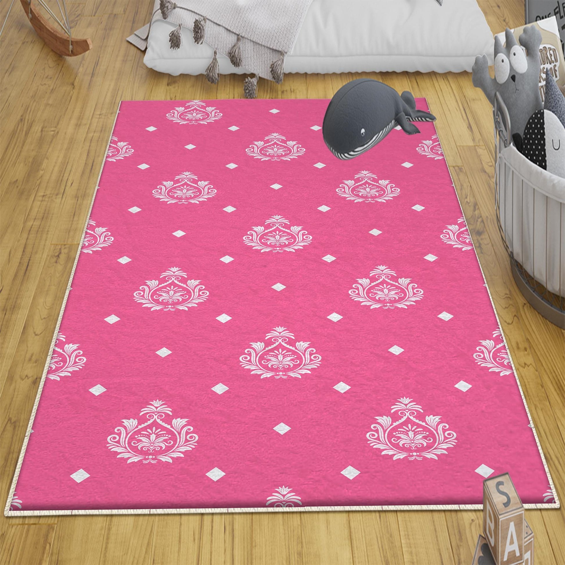 Round Pink White Girl Nursery Room Rug, Cute Rainbow Rug For Kids Room, Playground Rug, Baby Rug, Nursery Decor with pillow case gift