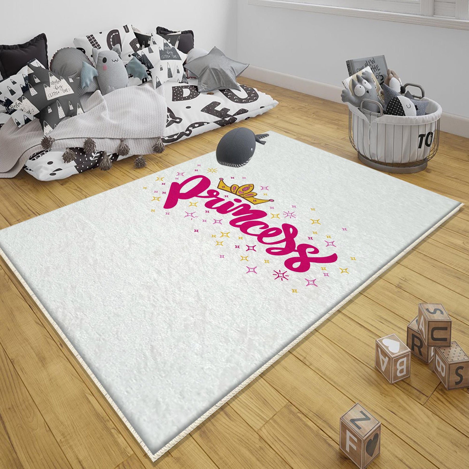 Round White Pink Princess Nursery Room Rug, Cute Rainbow Rug For Kids Room, Playground Rug, Baby Rug, Nursery Decor with pillow case gift