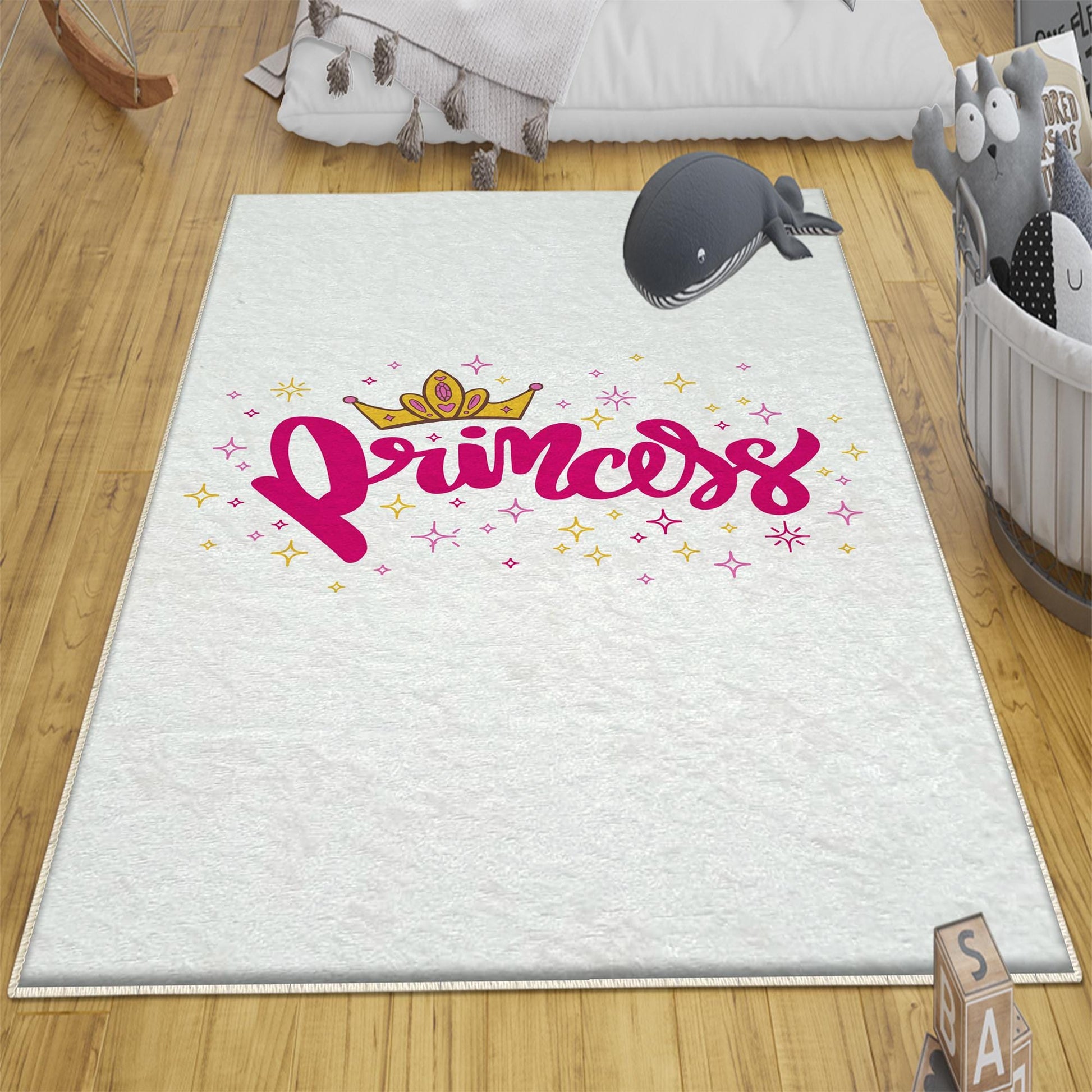 Round White Pink Princess Nursery Room Rug, Cute Rainbow Rug For Kids Room, Playground Rug, Baby Rug, Nursery Decor with pillow case gift