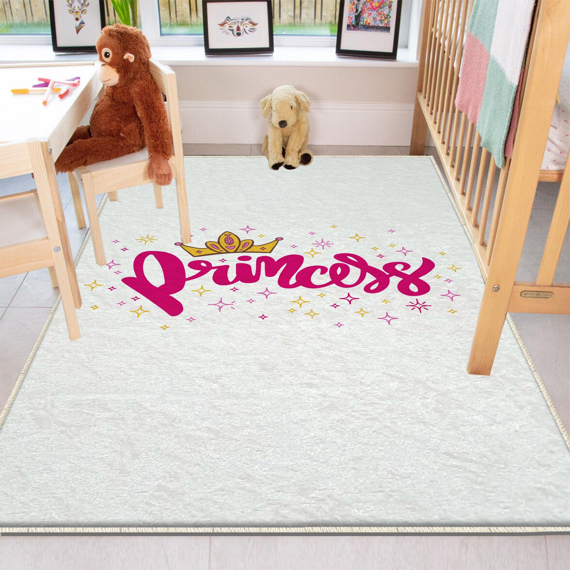 Round White Pink Princess Nursery Room Rug, Cute Rainbow Rug For Kids Room, Playground Rug, Baby Rug, Nursery Decor with pillow case gift