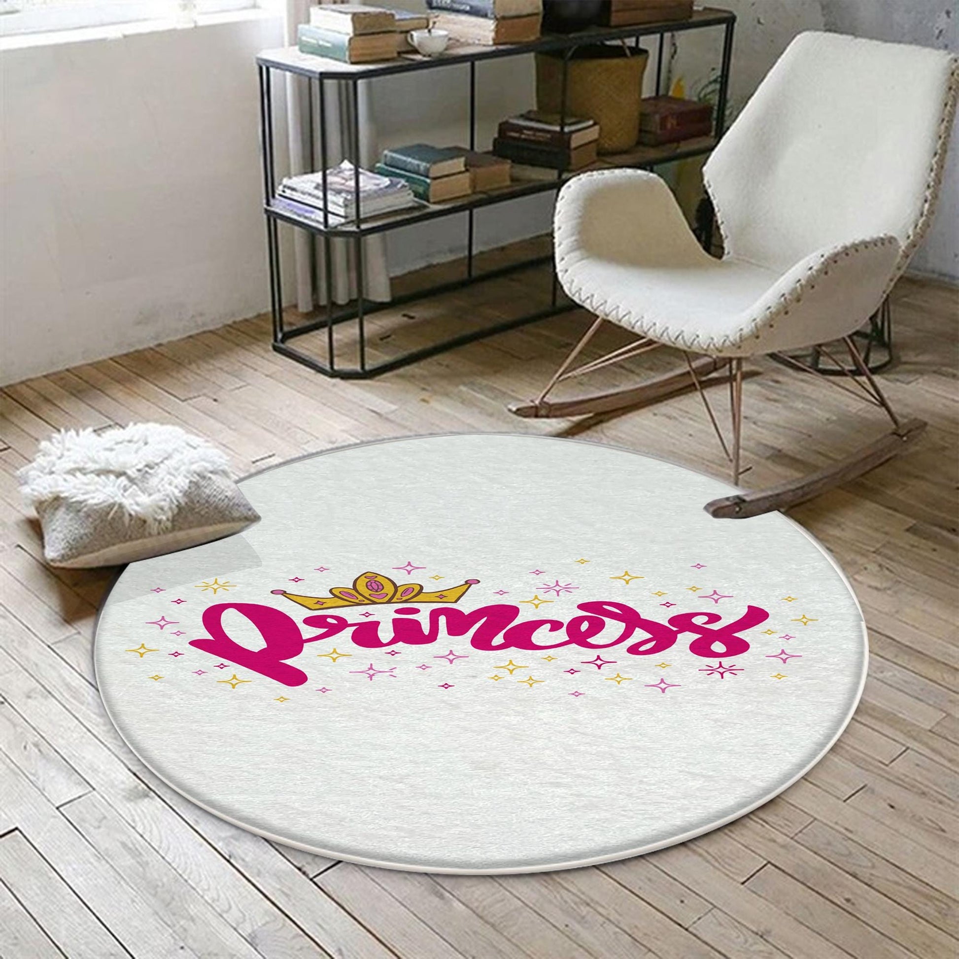 Round White Pink Princess Nursery Room Rug, Cute Rainbow Rug For Kids Room, Playground Rug, Baby Rug, Nursery Decor with pillow case gift