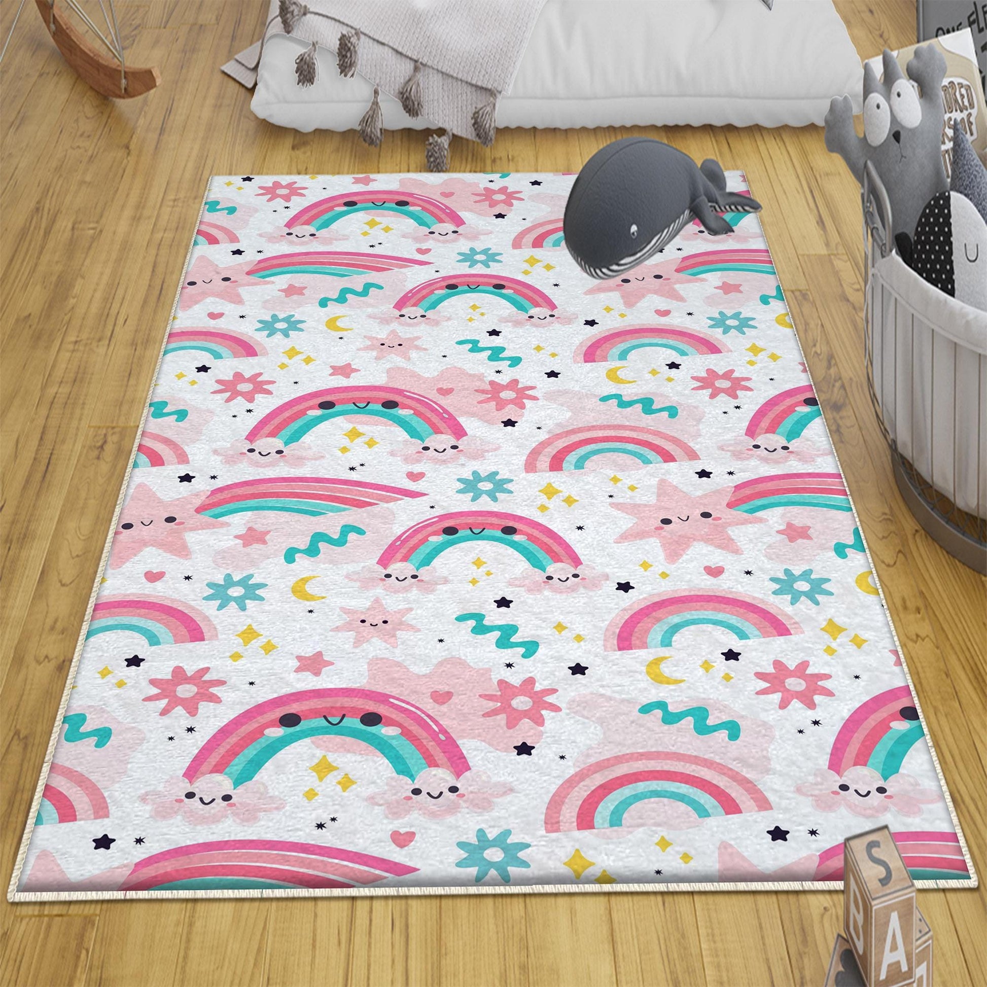Round Rainbow Clouds Stars Nursery Room Rug, Cute Girl Rug For Kids Room, Playground Rug, Baby Rug, Nursery Decor with pillow case gift