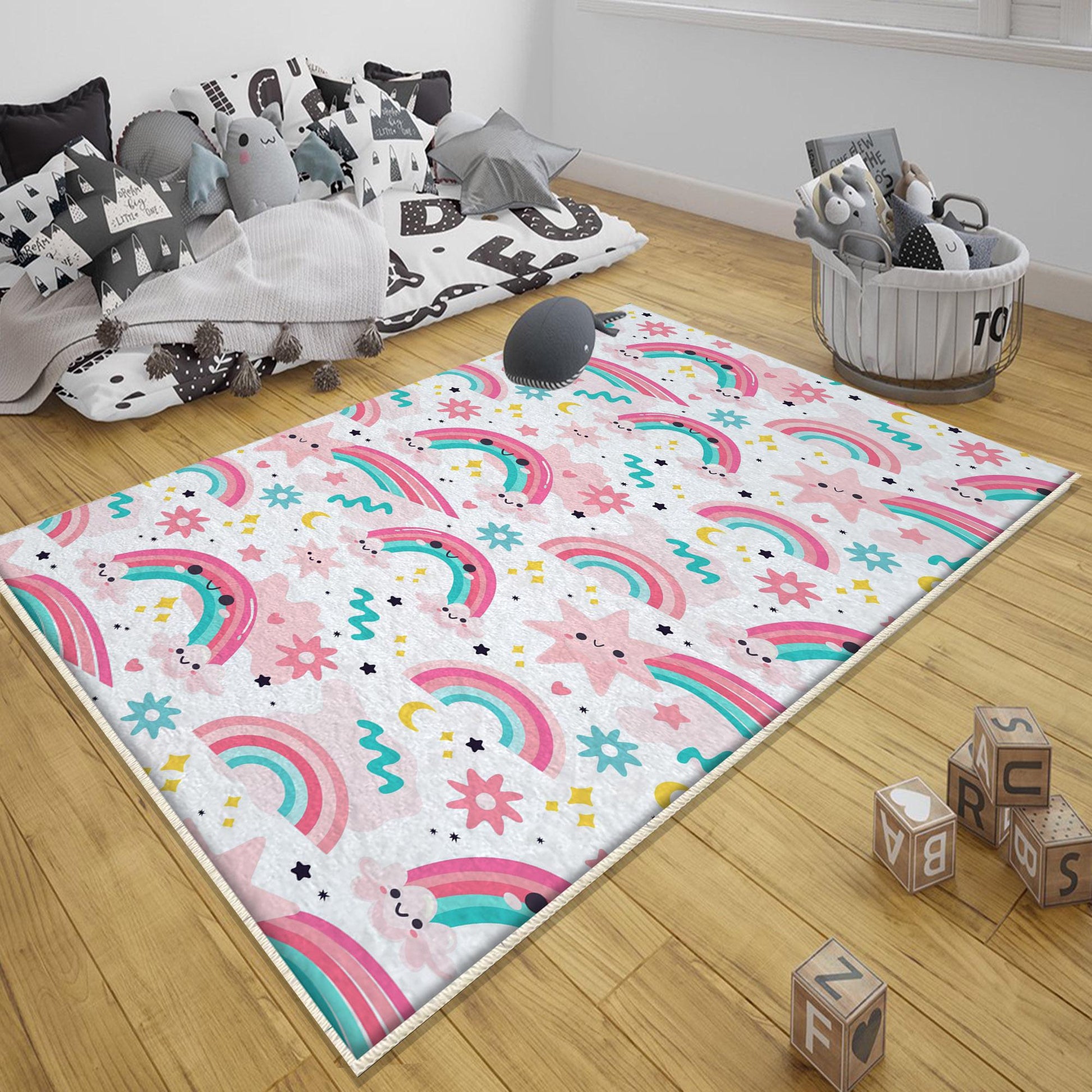 Round Rainbow Clouds Stars Nursery Room Rug, Cute Girl Rug For Kids Room, Playground Rug, Baby Rug, Nursery Decor with pillow case gift