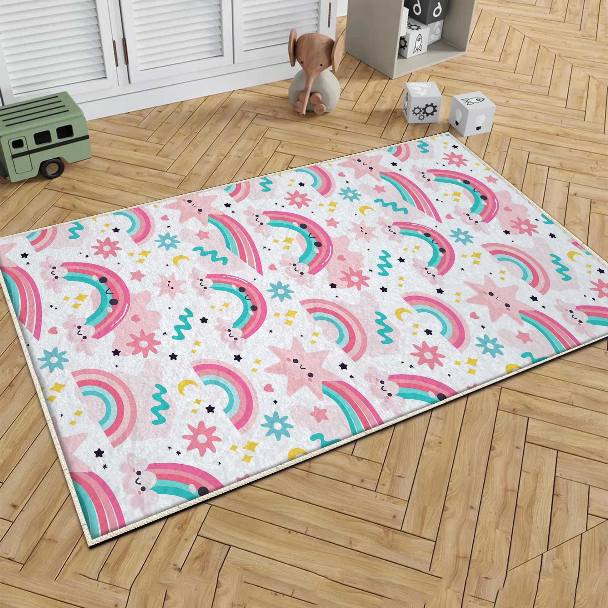 Round Rainbow Clouds Stars Nursery Room Rug, Cute Girl Rug For Kids Room, Playground Rug, Baby Rug, Nursery Decor with pillow case gift