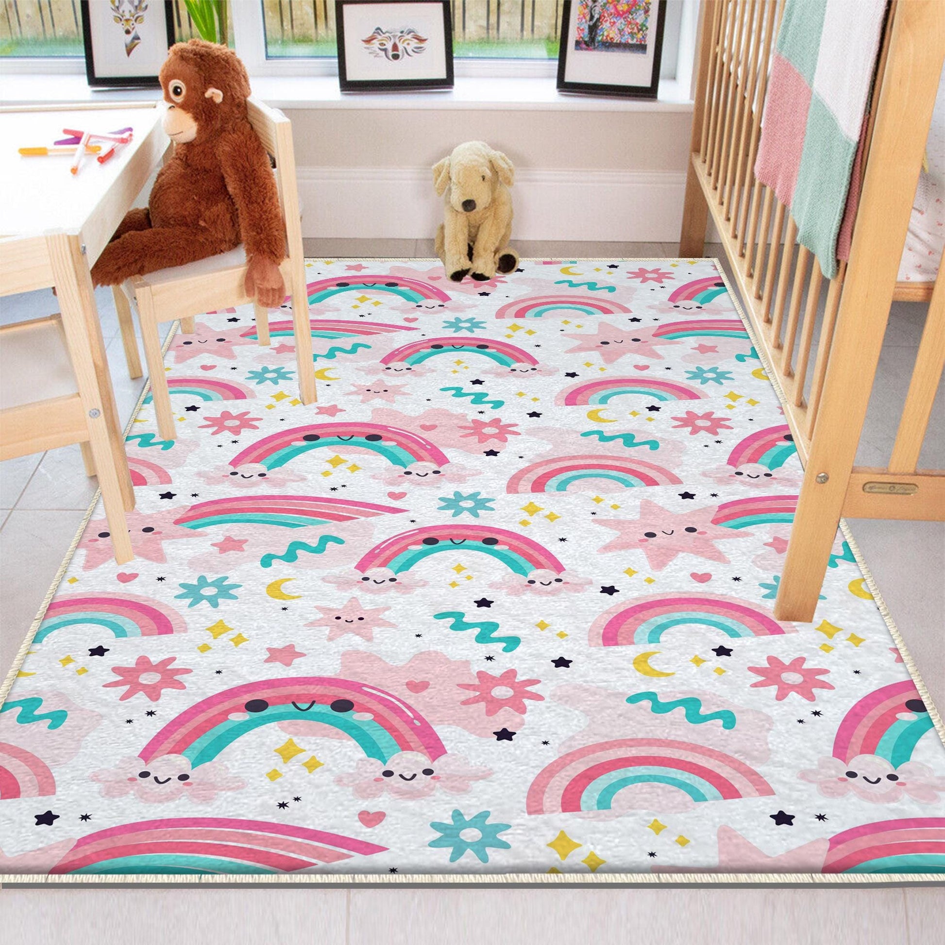 Round Rainbow Clouds Stars Nursery Room Rug, Cute Girl Rug For Kids Room, Playground Rug, Baby Rug, Nursery Decor with pillow case gift