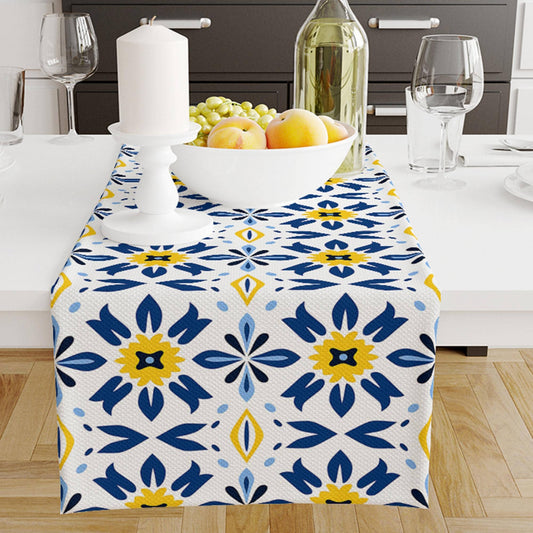 Table Runner Blue Yellow Geometric Floral Ethnic Ottoman Turkish Pattern, Authentic Retro Farmhouse Home Decor, Traditional Textile Accent