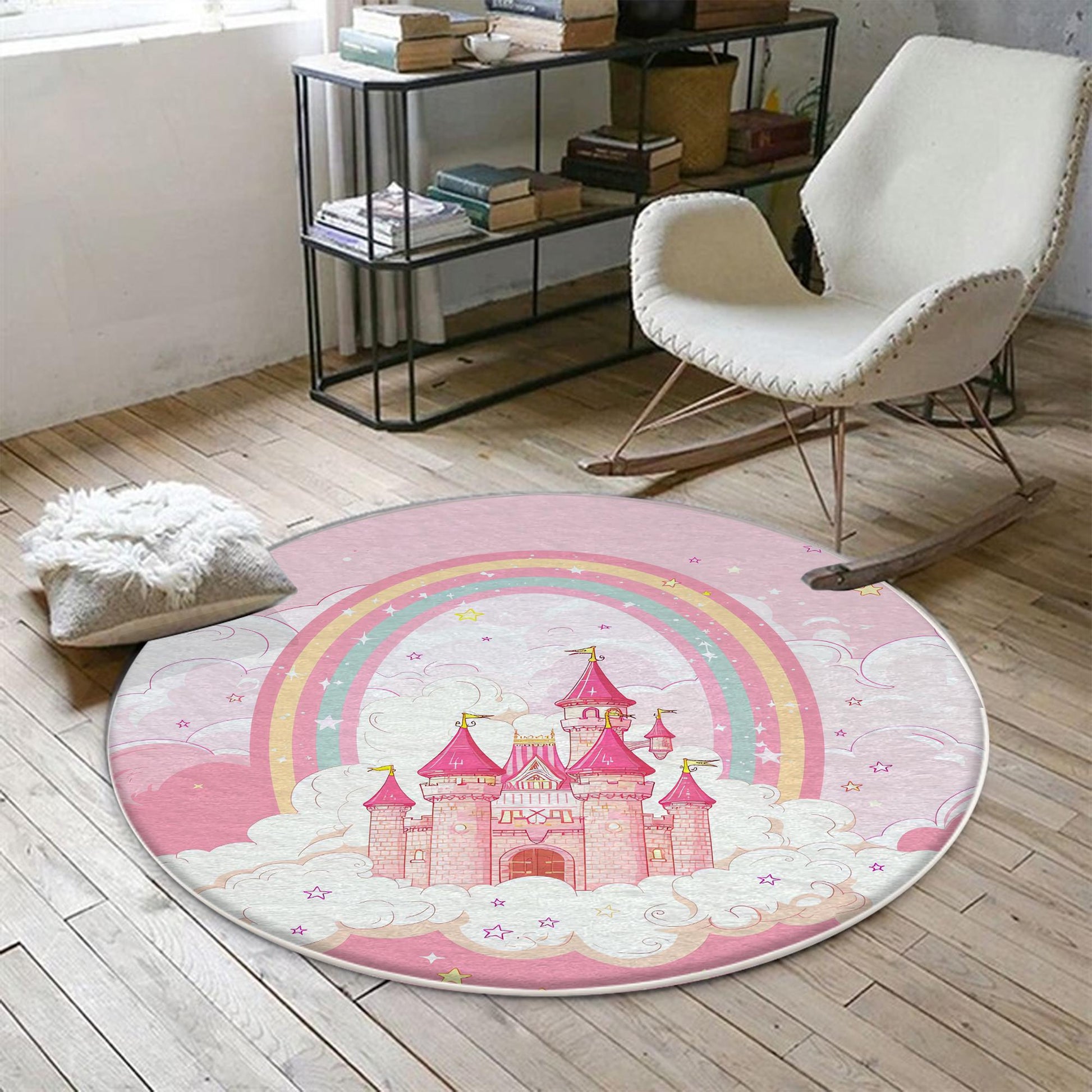 Round Princess Castle Pink Nursery Room Rug, Cute Girl Rug For Kids Room, Playground Rug, Baby Rug, Nursery Decor with pillow case gift