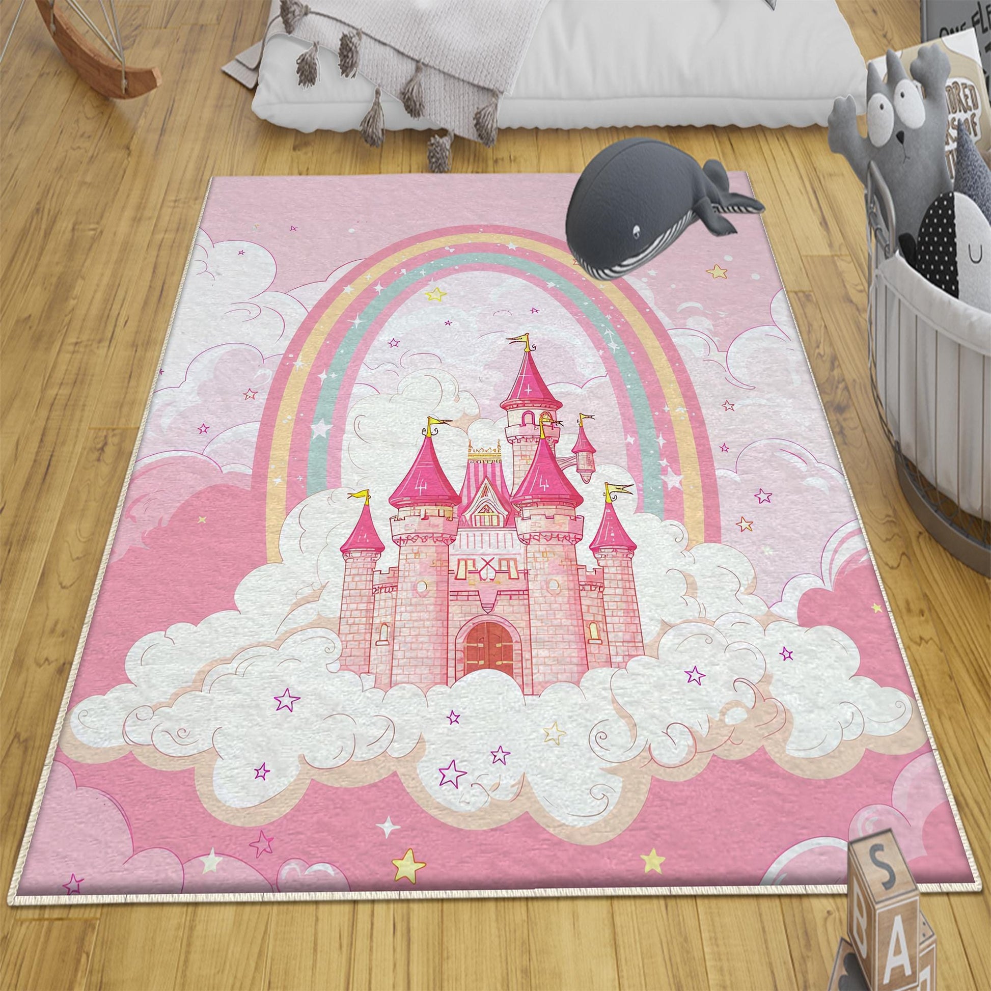 Round Princess Castle Pink Nursery Room Rug, Cute Girl Rug For Kids Room, Playground Rug, Baby Rug, Nursery Decor with pillow case gift