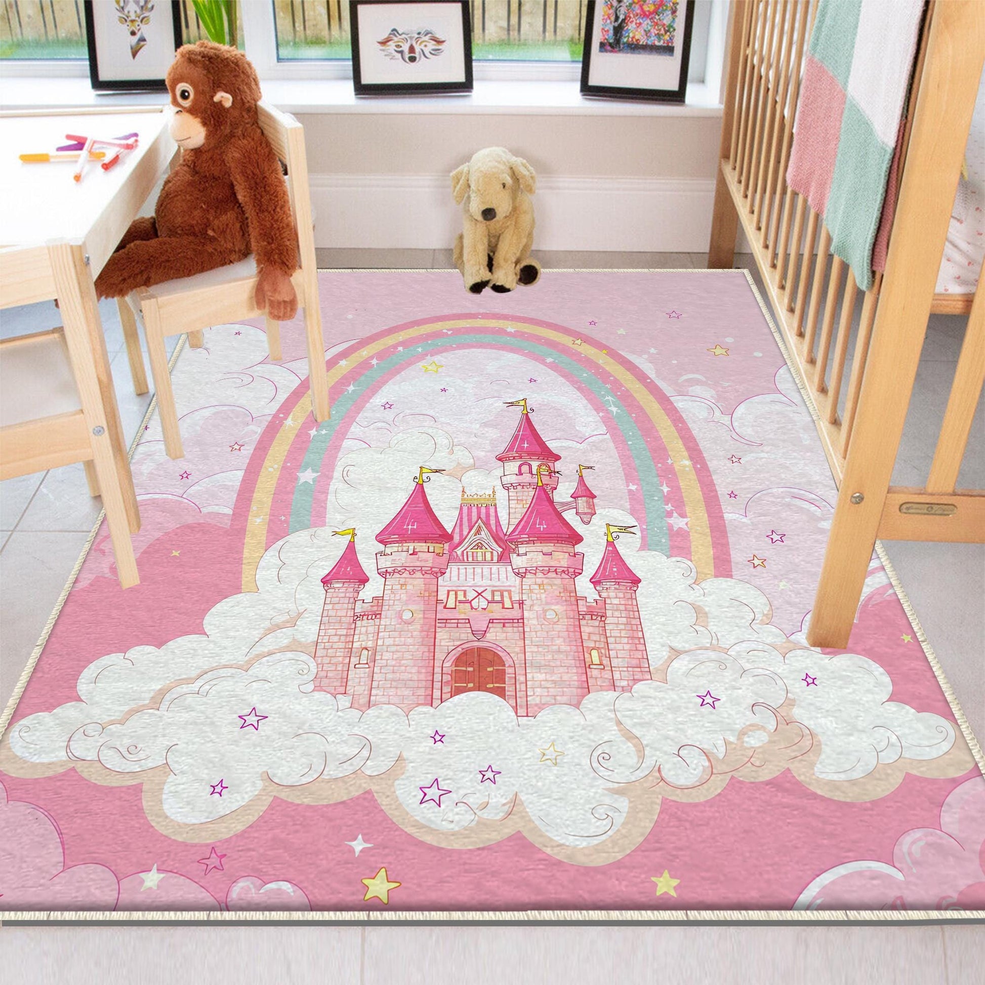 Round Princess Castle Pink Nursery Room Rug, Cute Girl Rug For Kids Room, Playground Rug, Baby Rug, Nursery Decor with pillow case gift