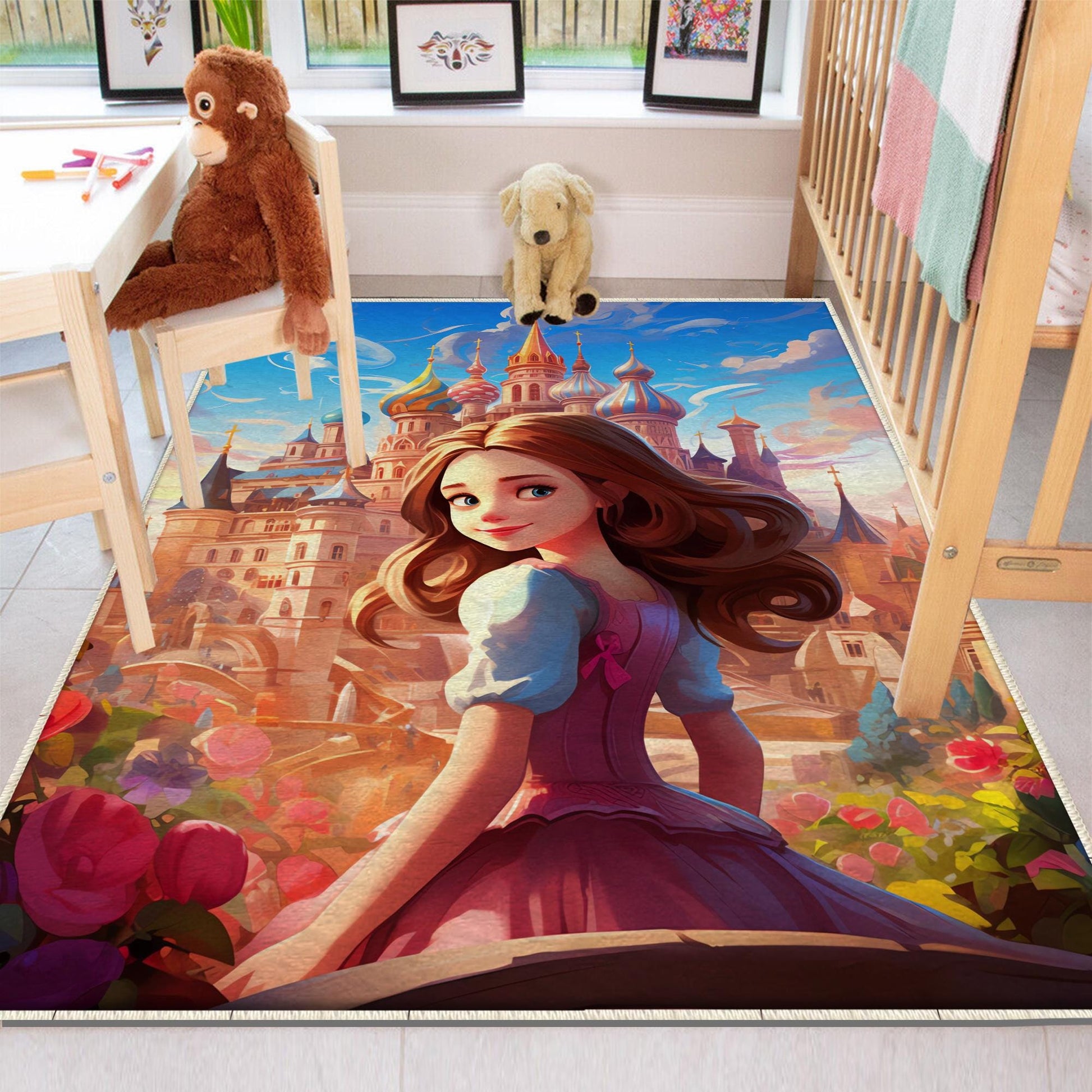 Round Medieval Princess Castle Kids Room Rug, Cute Girl Rug For Kids Room, Playground Rug, Baby Rug, Kids Girl Decor with pillow case gift