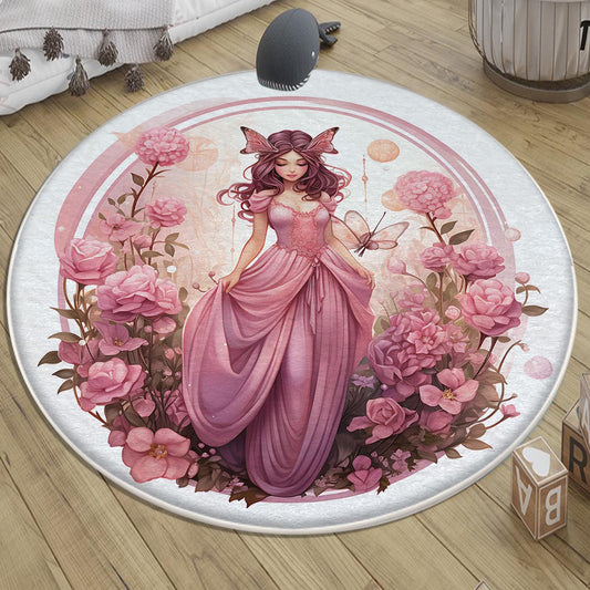 Round Fairy Princess Flowers Kids Room Rug, Cute Girl Rug For Kids Room, Playground Rug, Baby Rug, Nursery Decor with pillow case gift