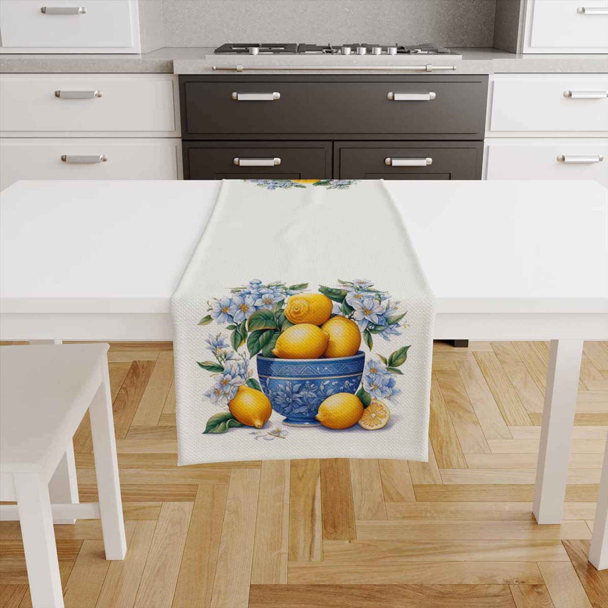 Table Runner Yellow Lemons Blue Vase Floral Pattern, Retro Farmhouse Decor, Traditional Textile Accent for Dining & Home