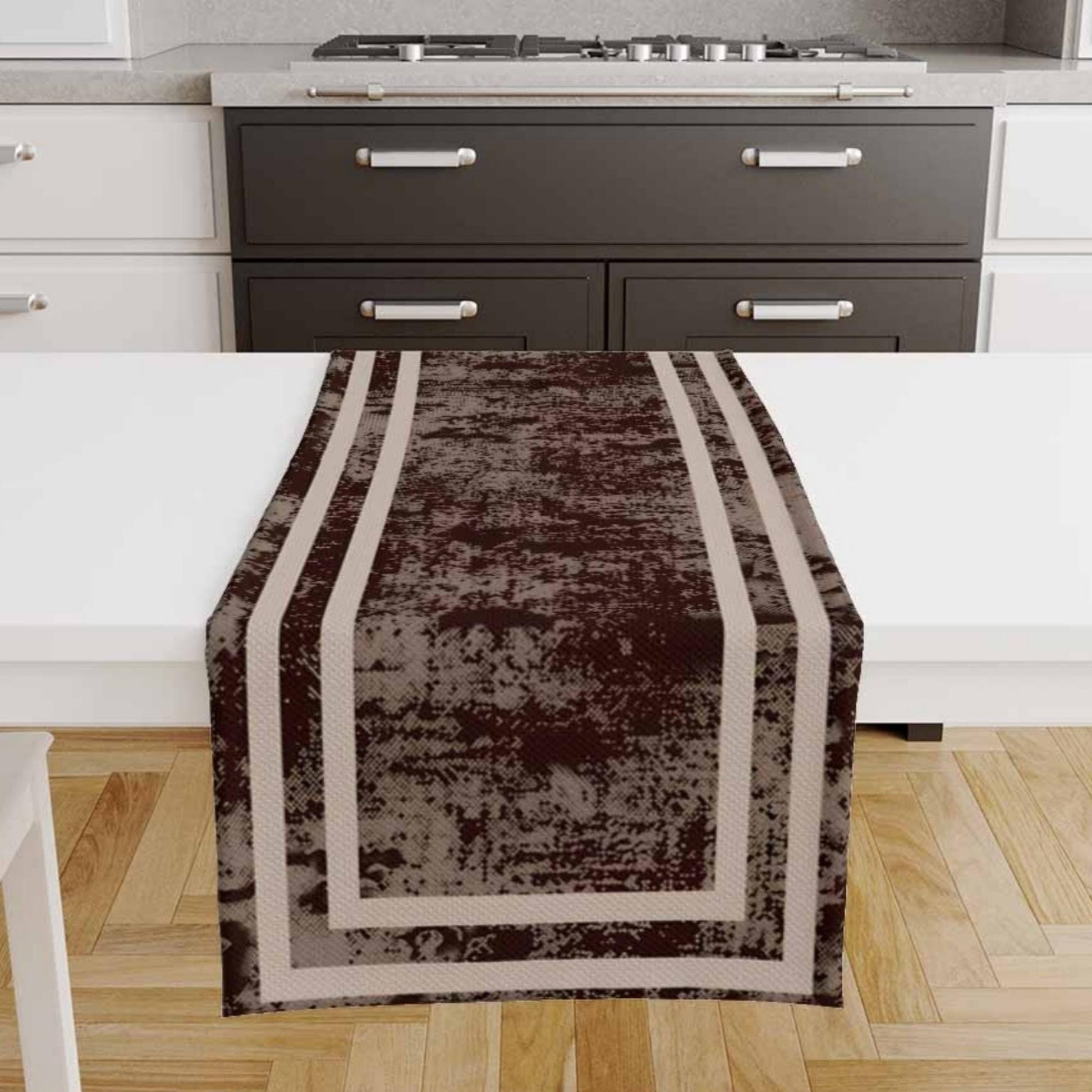 Table Runner Dark Brown Watercolor Geometric Cream Border Lines, Traditional Dining Room Decor, Textile Accent for Home Table