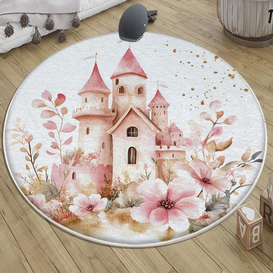 Round Medieval Castle Floral Nursery Room Rug, Cute Girl Rug Gift For Kids, Baby Shower Rug, Baby Gift, Nursery Decor with pillow case gift