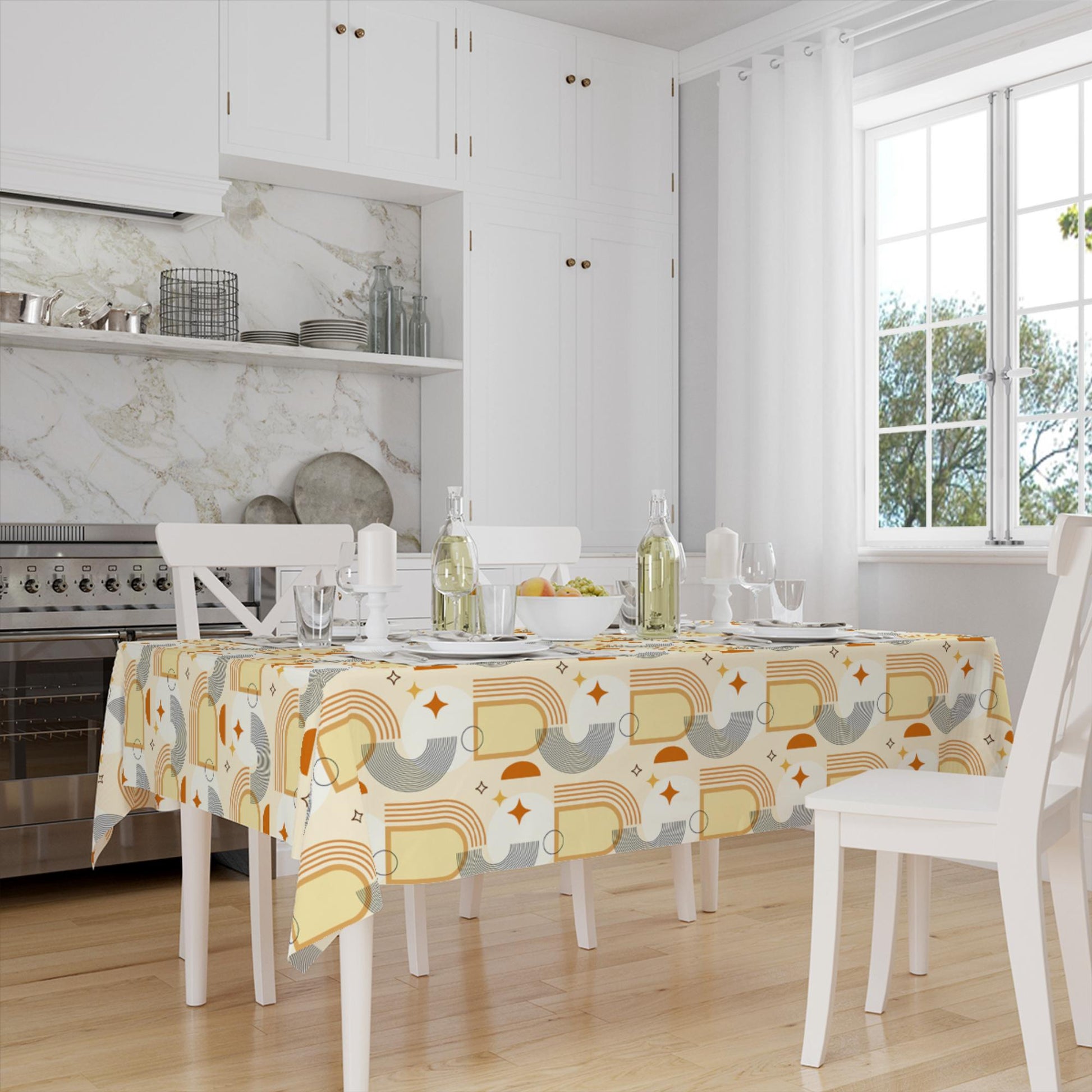 Yellow Orange Bohemian Minimal Geometric Pattern Linen Tablecloth Modern Dining Accent Cover