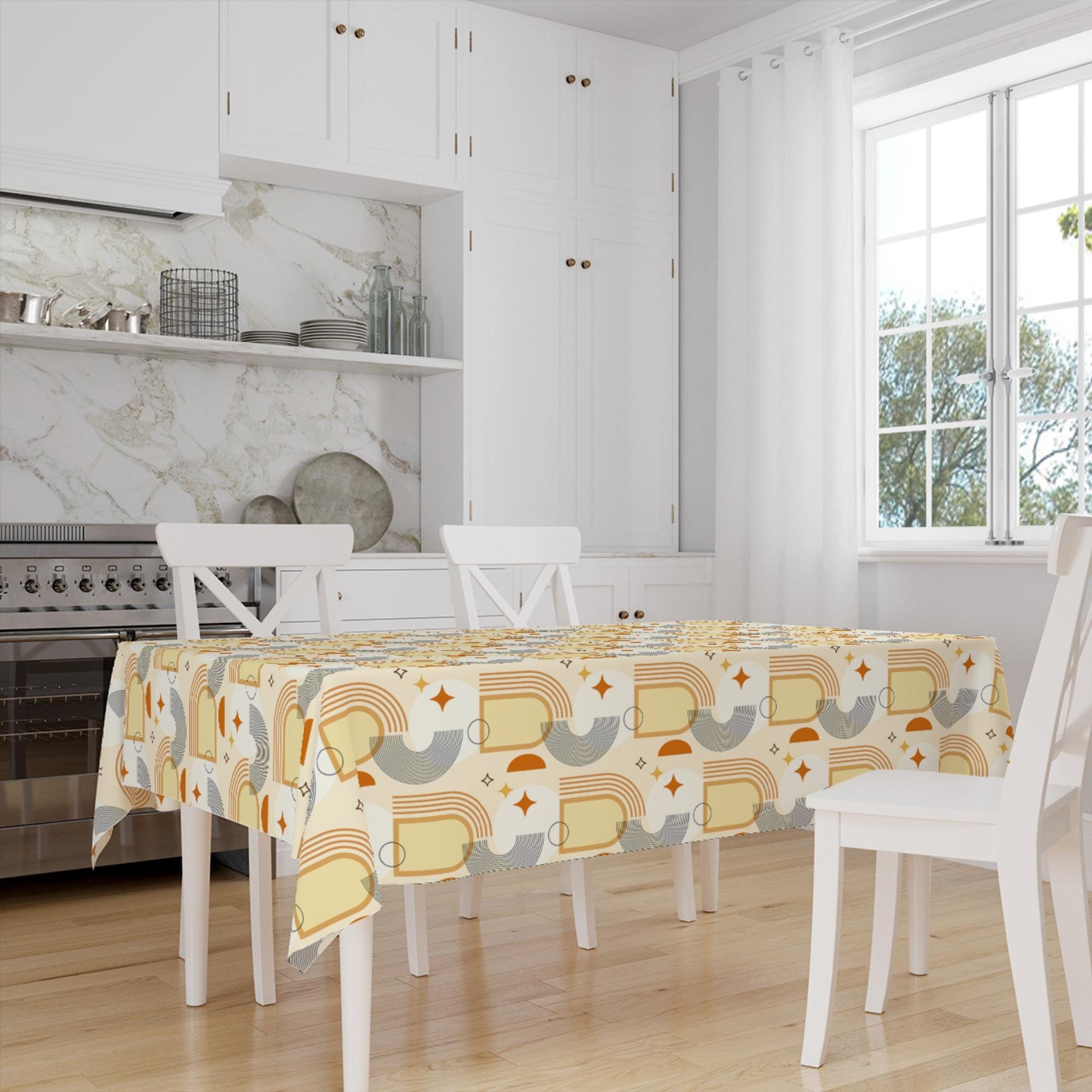 Yellow Orange Bohemian Minimal Geometric Pattern Linen Tablecloth Modern Dining Accent Cover