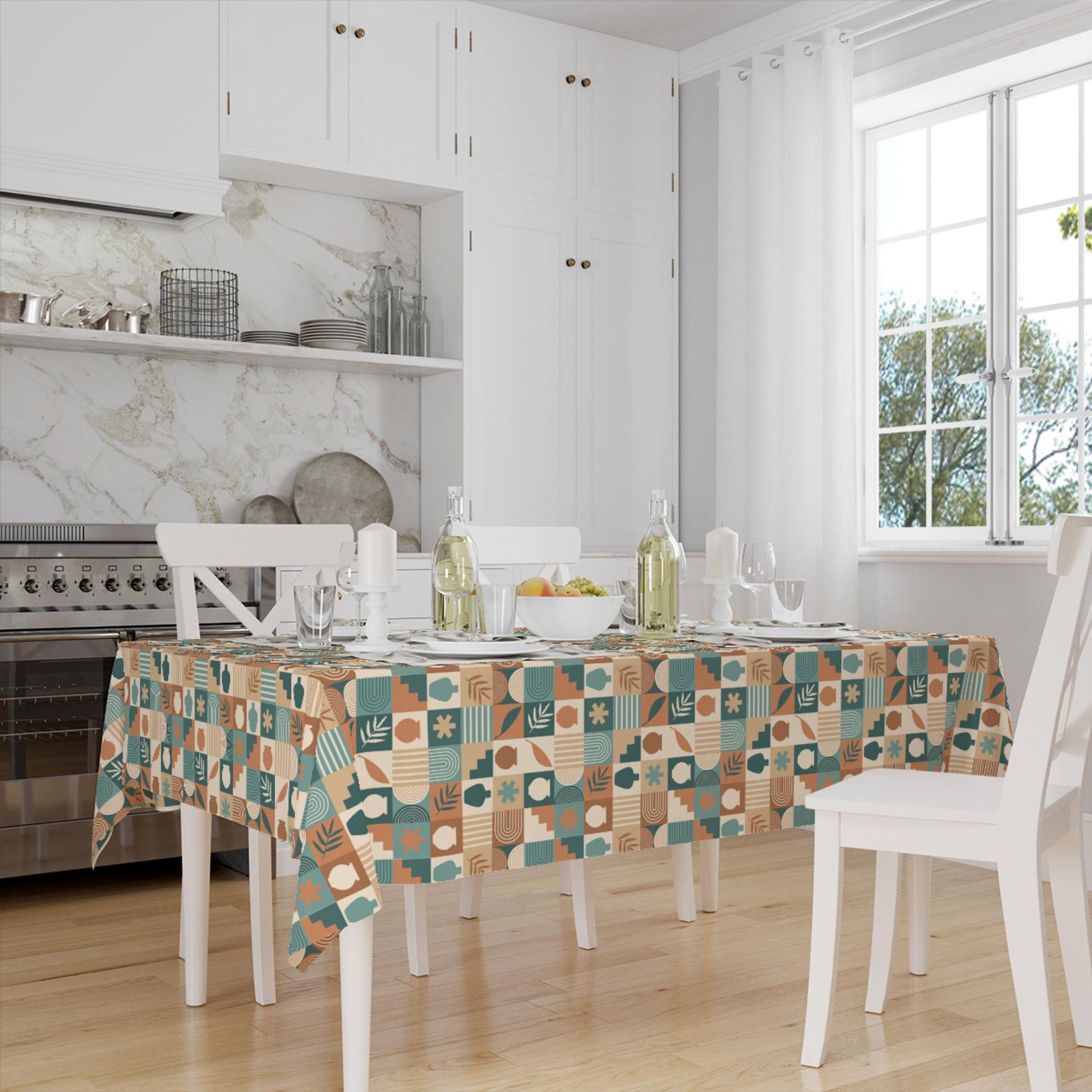 Green Brown Retro Authentic Bohemian Minimal Geometric Pattern Linen Tablecloth Modern Dining Accent Cover