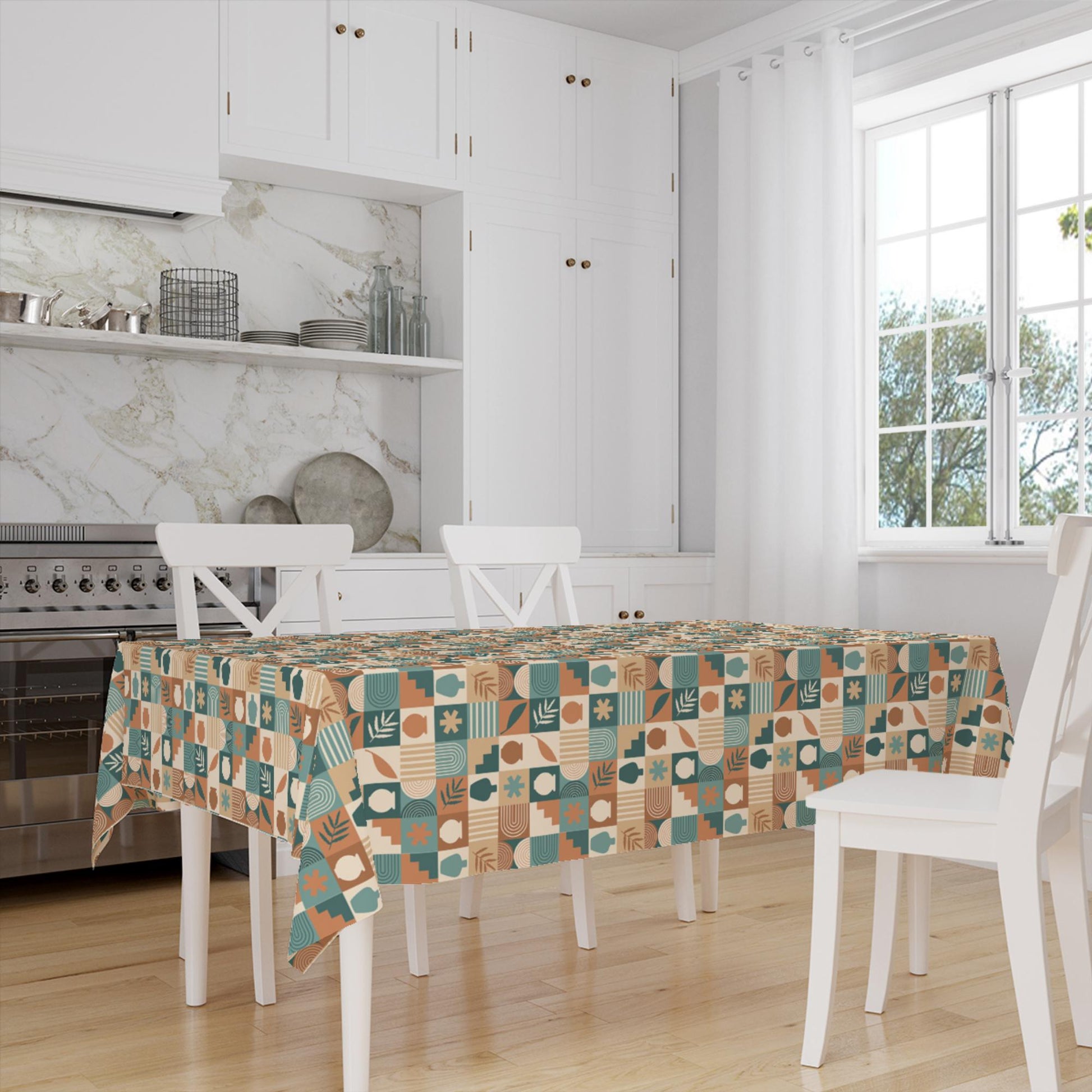 Green Brown Retro Authentic Bohemian Minimal Geometric Pattern Linen Tablecloth Modern Dining Accent Cover