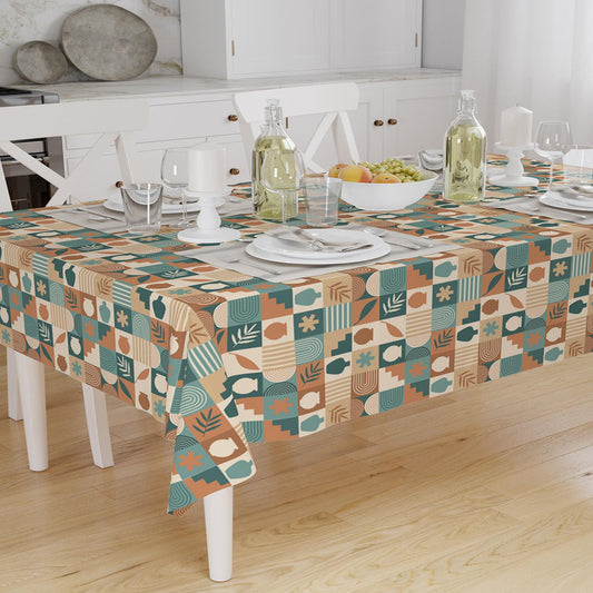 Green Brown Retro Authentic Bohemian Minimal Geometric Pattern Linen Tablecloth Modern Dining Accent Cover