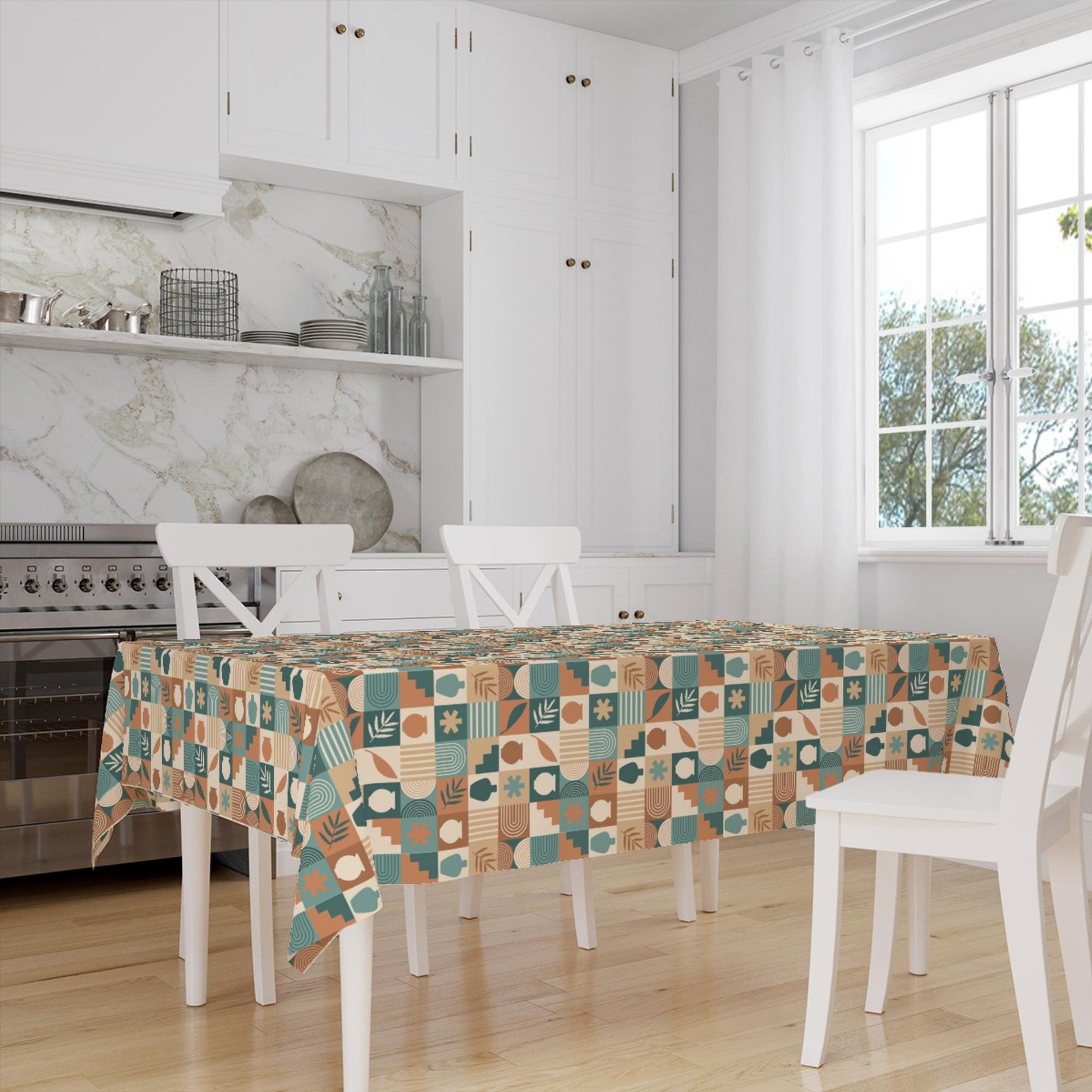 Green Brown Retro Authentic Bohemian Minimal Geometric Pattern Linen Tablecloth Modern Dining Accent Cover