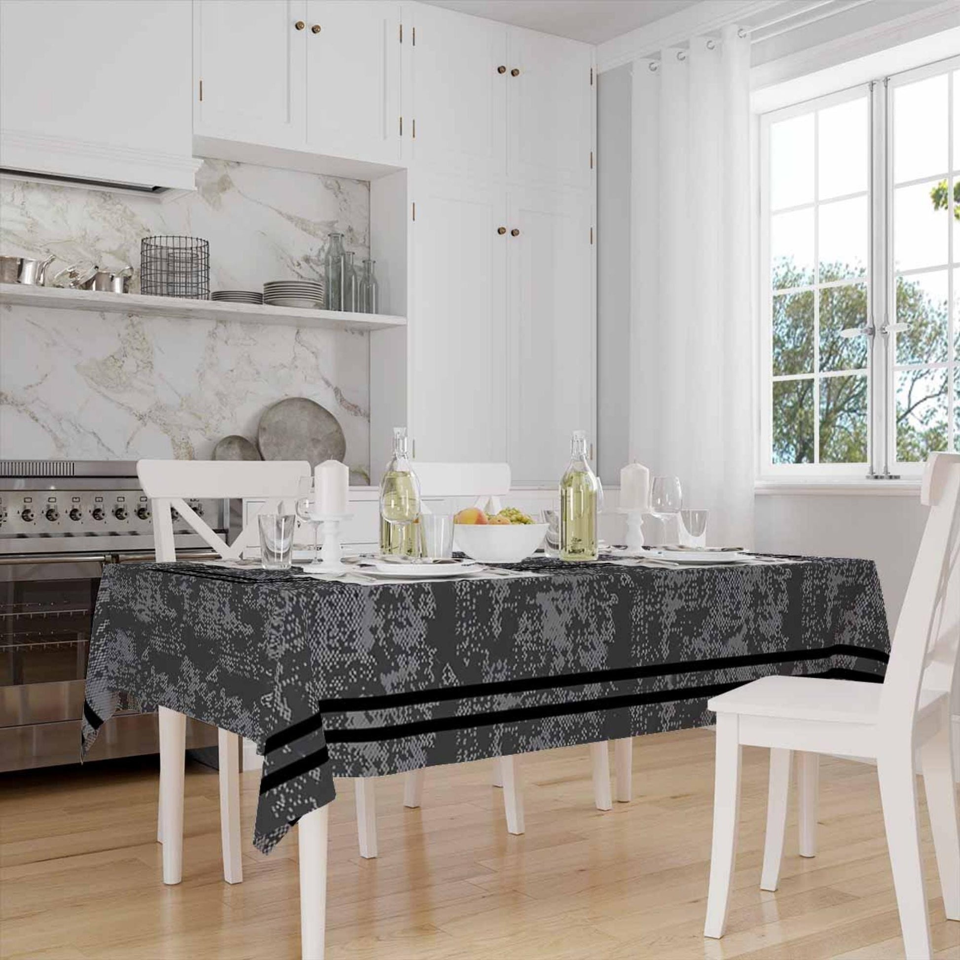 Black Geometric Border Lines on Dark Gray Watercolor Background Pattern Tablecloth, Modern Dining Accent Cover