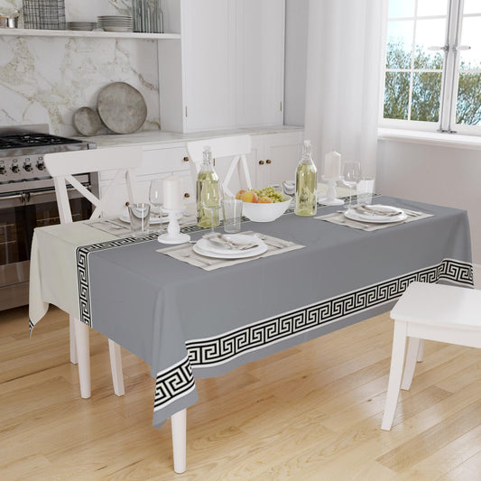 Gray White Greek Key Geometric Lines Pattern Tablecloth, Modern Dining Accent Cover
