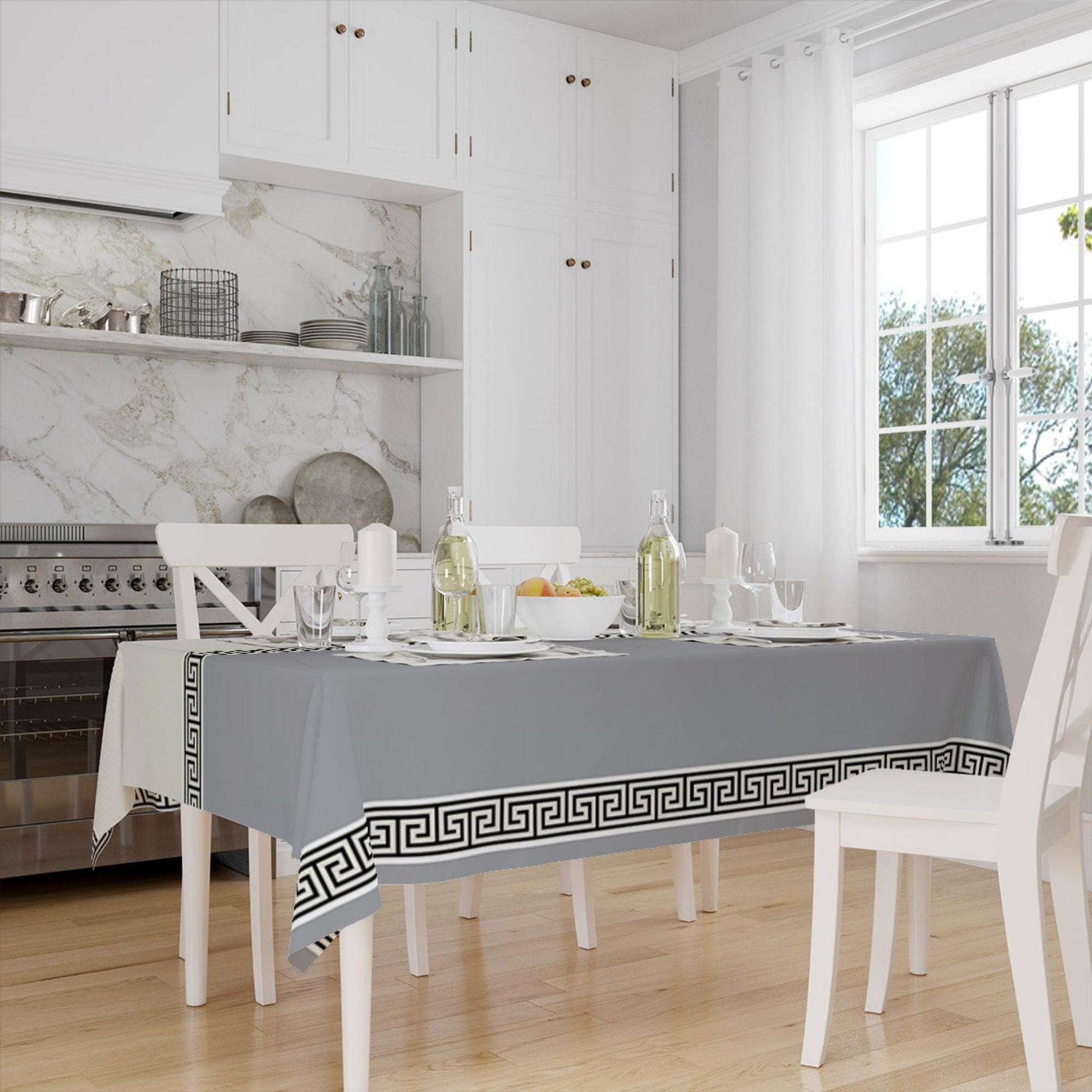 Gray White Greek Key Geometric Lines Pattern Tablecloth, Modern Dining Accent Cover