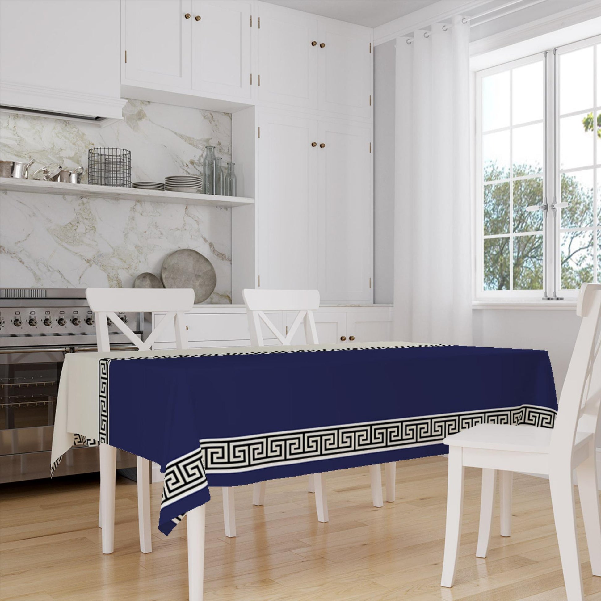 Navy Blue White Greek Key Geometric Lines Pattern Tablecloth, Modern Dining Accent Cover