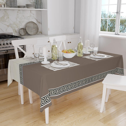 Brown White Greek Key Geometric Lines Pattern Tablecloth, Modern Dining Accent Cover