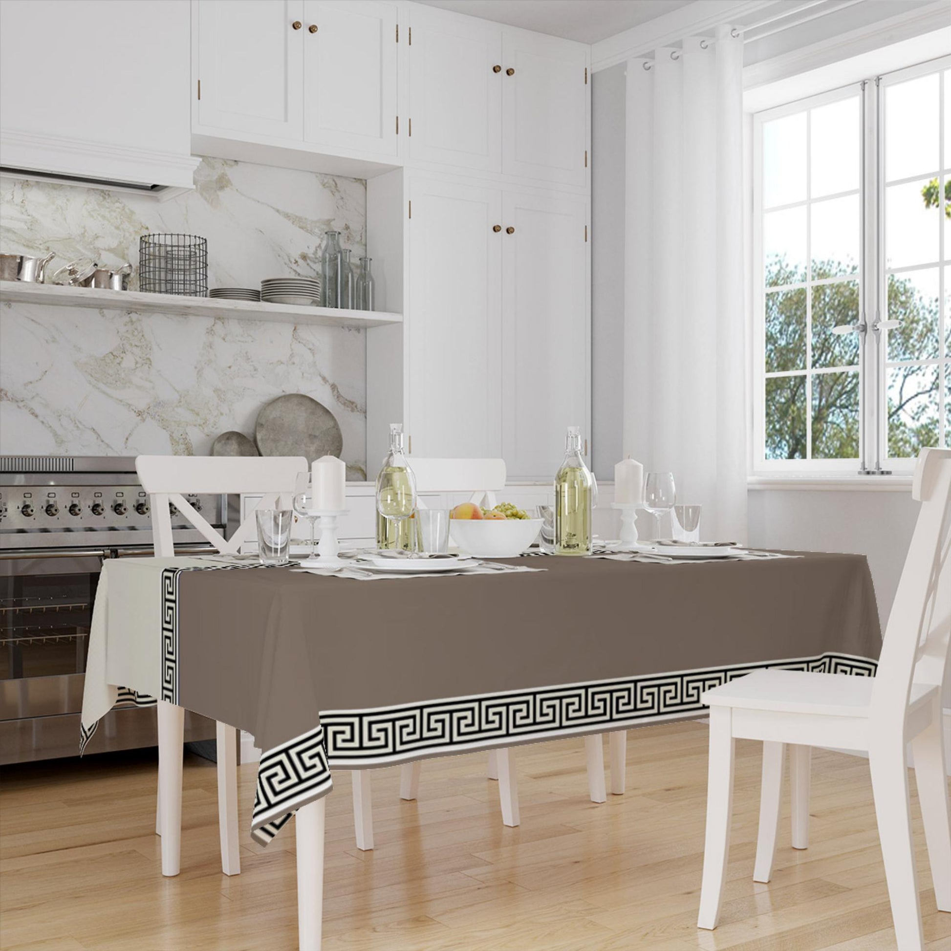 Brown White Greek Key Geometric Lines Pattern Tablecloth, Modern Dining Accent Cover