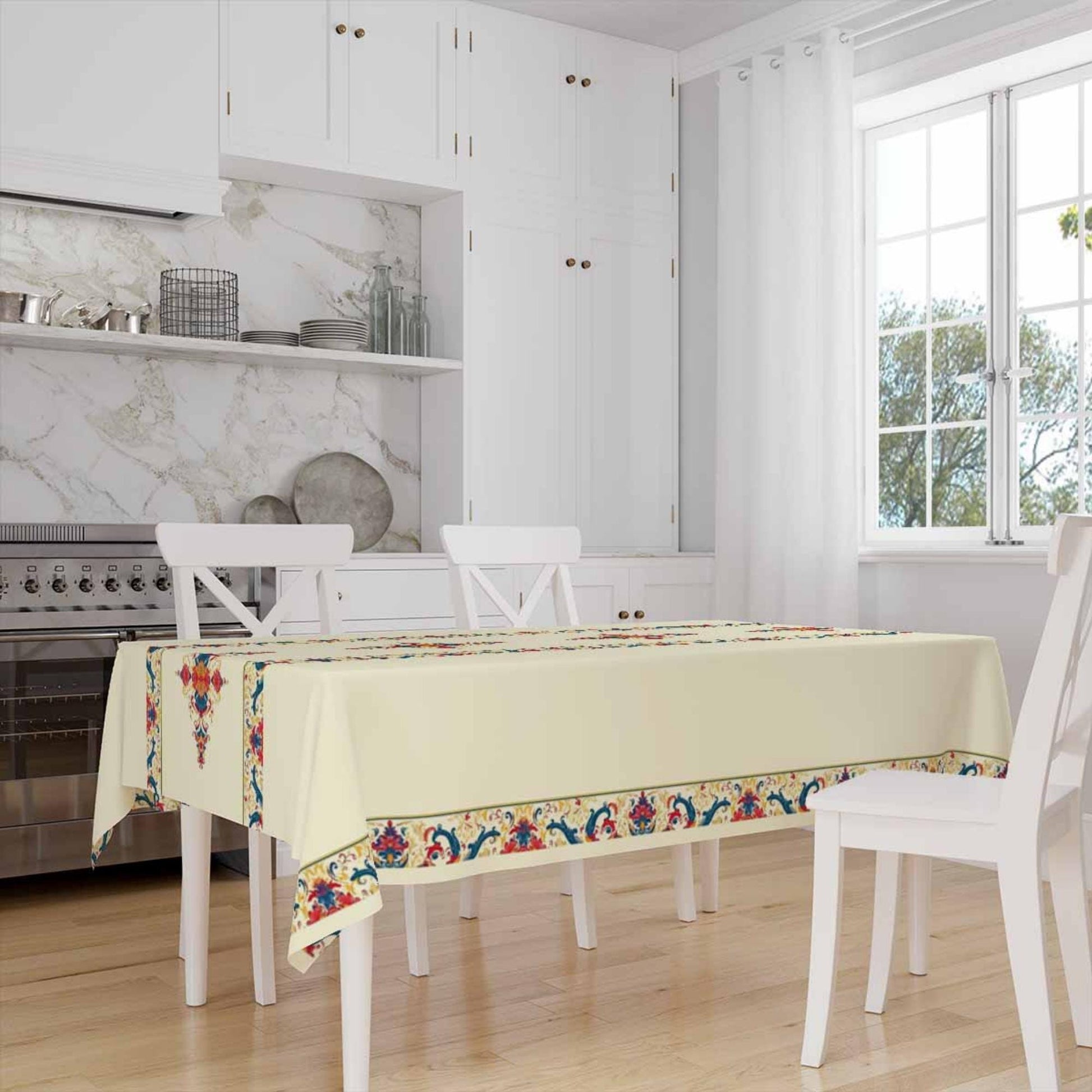 Colorful Ethnic Authentic Retro Ottoman Turkish Border Cream Background Animal Pattern Tablecloth, Modern Dining Accent Table Cover