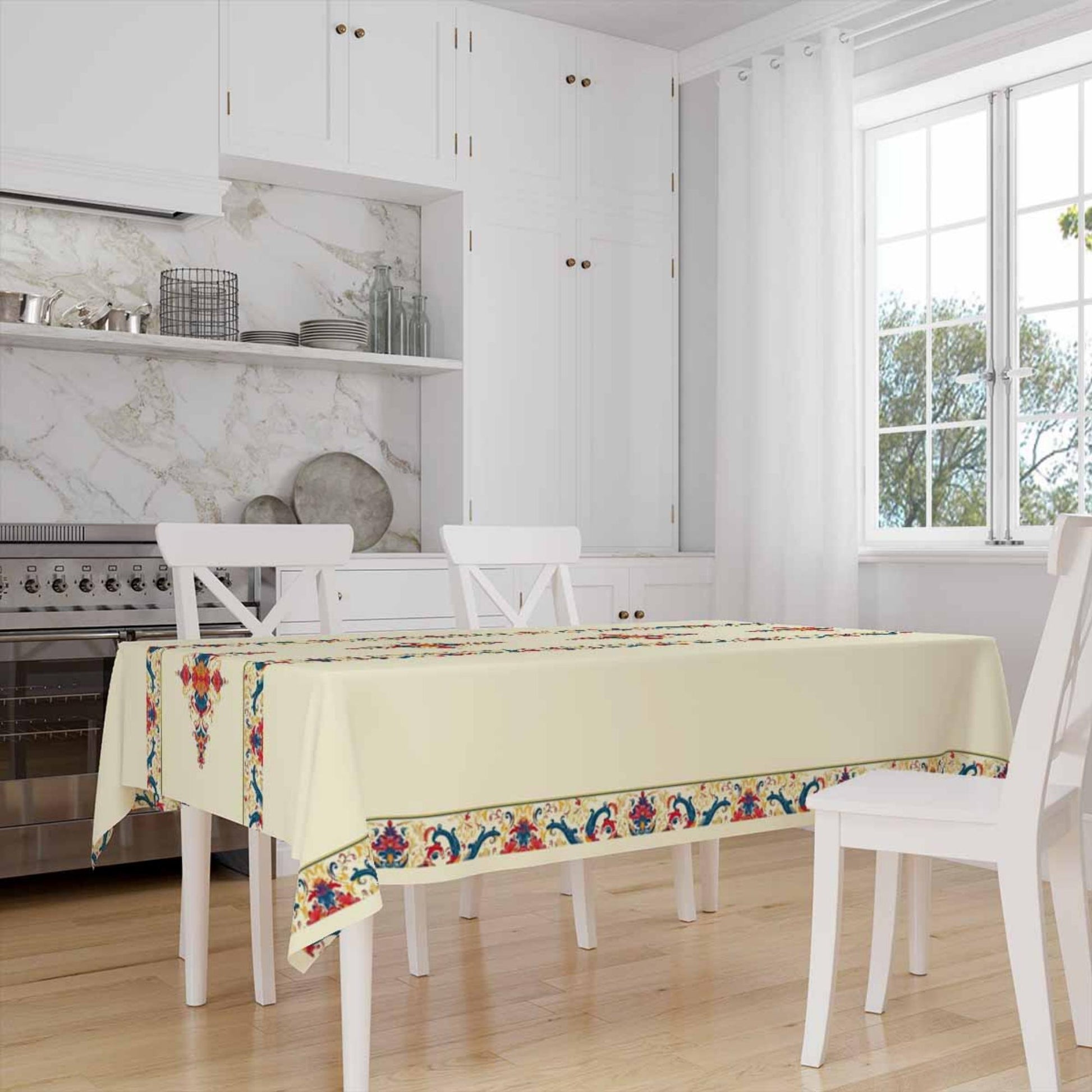 Colorful Ethnic Authentic Retro Ottoman Turkish Border Cream Background Animal Pattern Tablecloth, Modern Dining Accent Table Cover