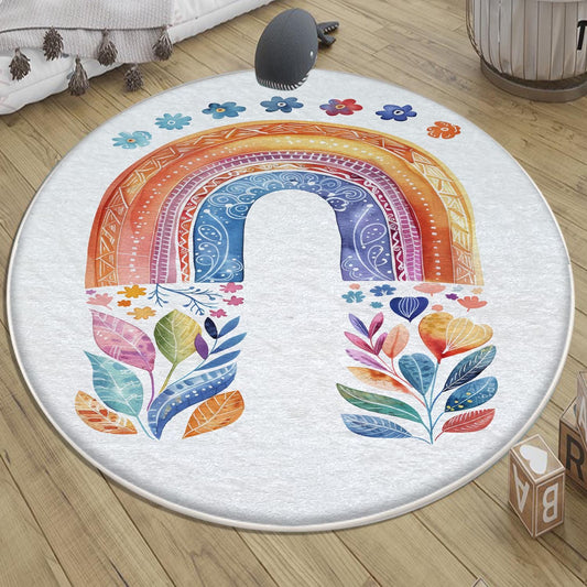 Round Colorful Rainbow Flowers Nursery Room Rug, Cute Girl Rug Gift For Kids, Girls Kids Room Gift, Kids Room Decor with pillow case gift
