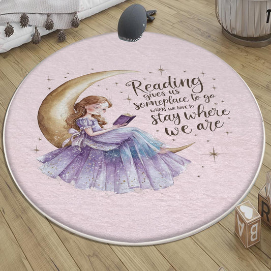 Round Girl sitting moon and reading book Kids Room Rug, Cute Pink Rug Gift For Kids, Kids Room Gift, Kids Room Decor with pillow case gift