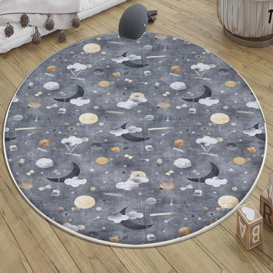 Round Gray Moon Clouds Stars Night Kids Room Rug, Cute Pink Rug Gift For Kids, Kids Room Gift, Kids Room Decor with pillow case gift