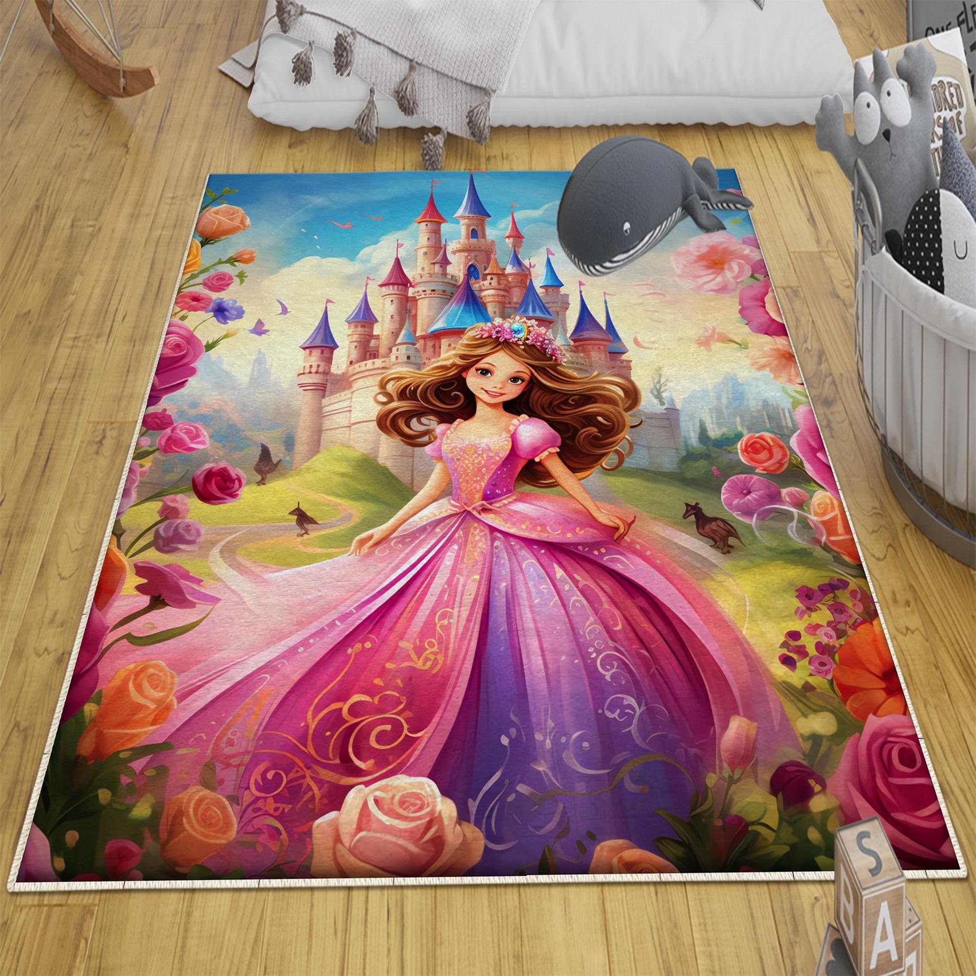 Round Colorful Fairy Princess Medieval Castle Kids Room Rug, Cute Rug Gift For Kids, Kids Room Gift, Kids Room Decor with pillow case gift