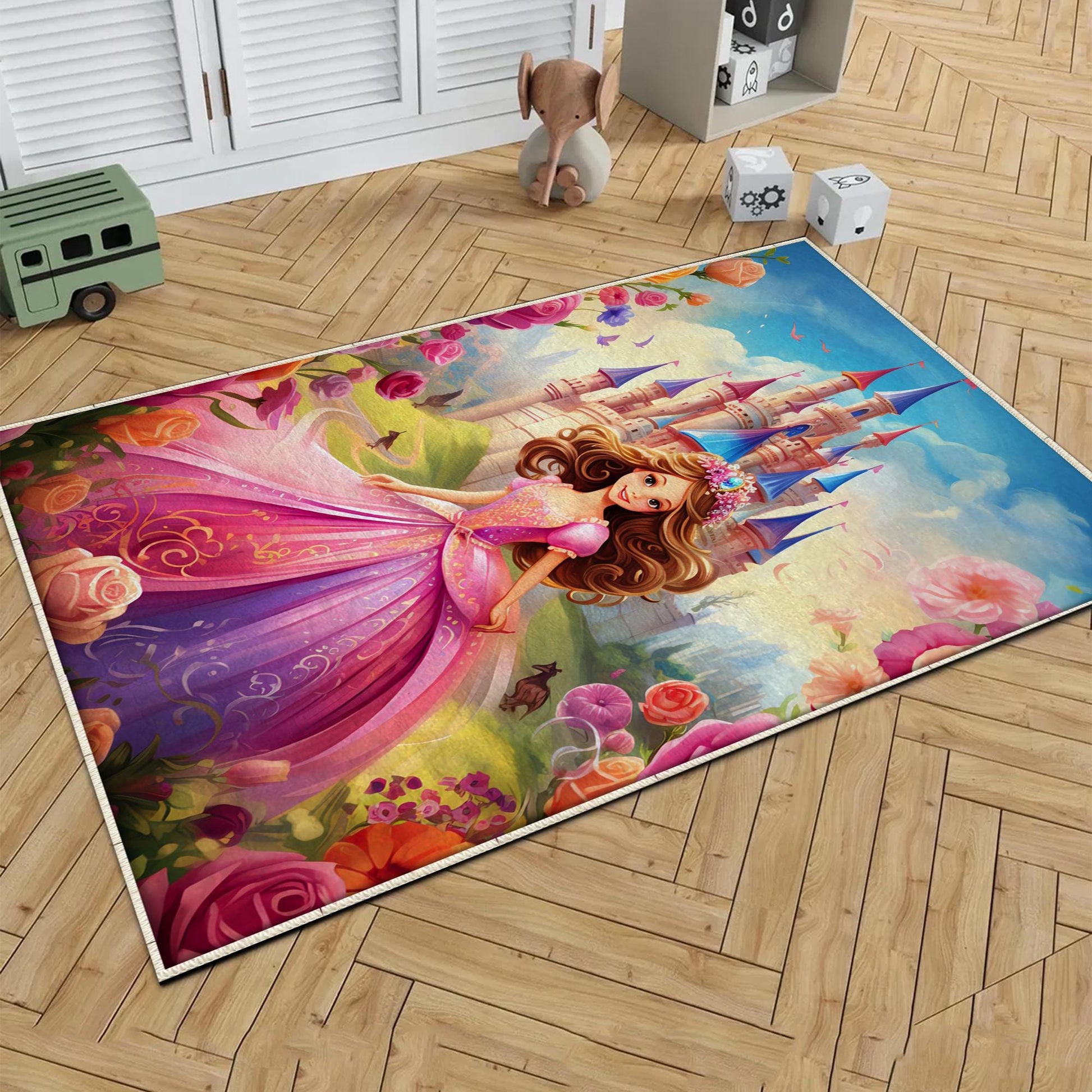Round Colorful Fairy Princess Medieval Castle Kids Room Rug, Cute Rug Gift For Kids, Kids Room Gift, Kids Room Decor with pillow case gift