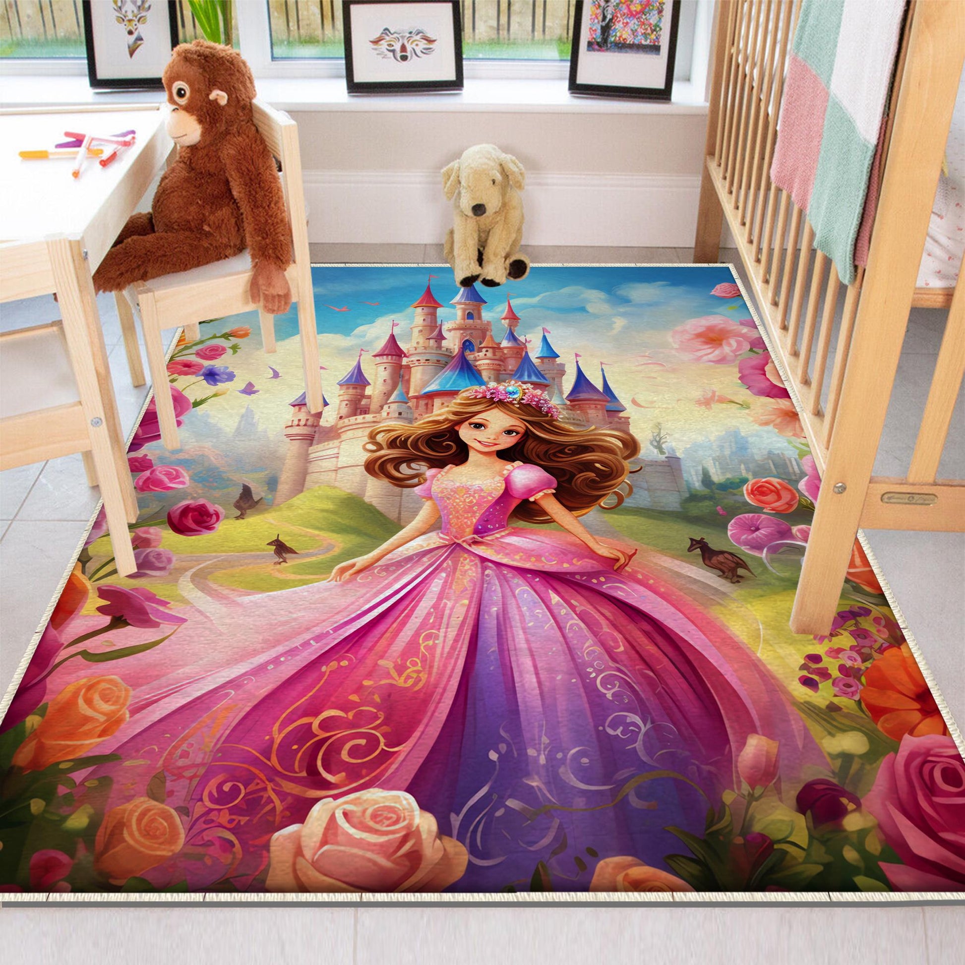 Round Colorful Fairy Princess Medieval Castle Kids Room Rug, Cute Rug Gift For Kids, Kids Room Gift, Kids Room Decor with pillow case gift