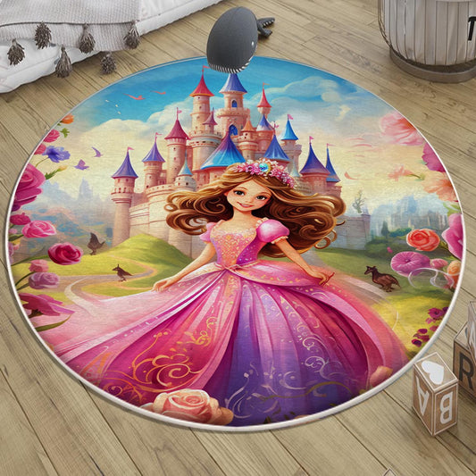 Round Colorful Fairy Princess Medieval Castle Kids Room Rug, Cute Rug Gift For Kids, Kids Room Gift, Kids Room Decor with pillow case gift