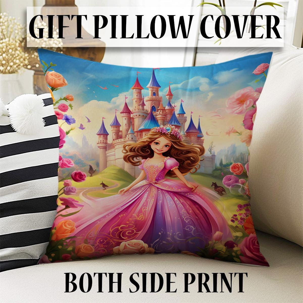 Round Colorful Fairy Princess Medieval Castle Kids Room Rug, Cute Rug Gift For Kids, Kids Room Gift, Kids Room Decor with pillow case gift