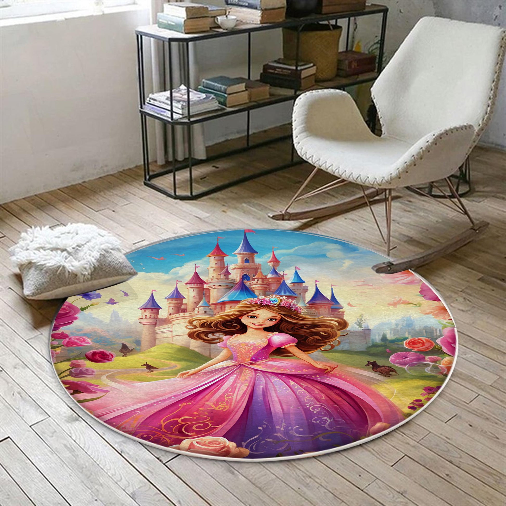 Round Colorful Fairy Princess Medieval Castle Kids Room Rug, Cute Rug Gift For Kids, Kids Room Gift, Kids Room Decor with pillow case gift